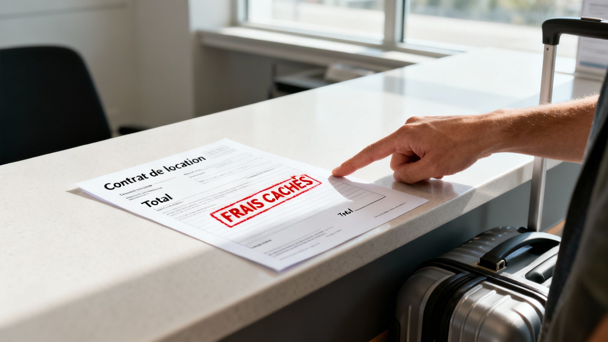 Client pointant des 'Frais cachés' sur un contrat de location de voiture, avec une valise à côté.