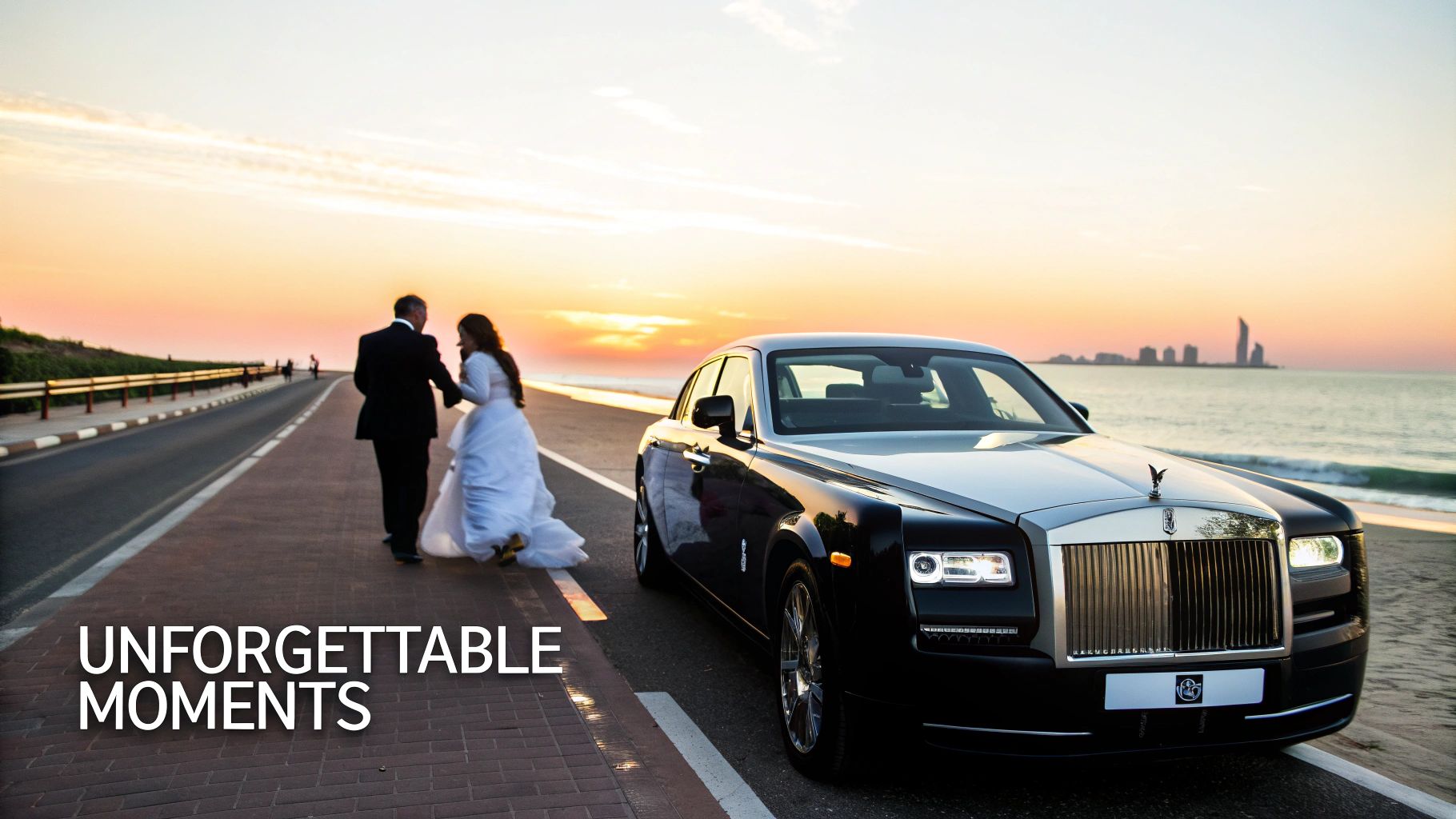 Luxury Rolls Royce Phantom parked beside newlywed couple walking along Dubai coastal road at sunset