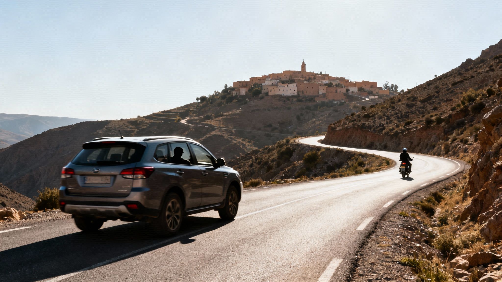 Voiture et moto sur une route de montagne sinueuse avec un village en arrière-plan sous un ciel clair.