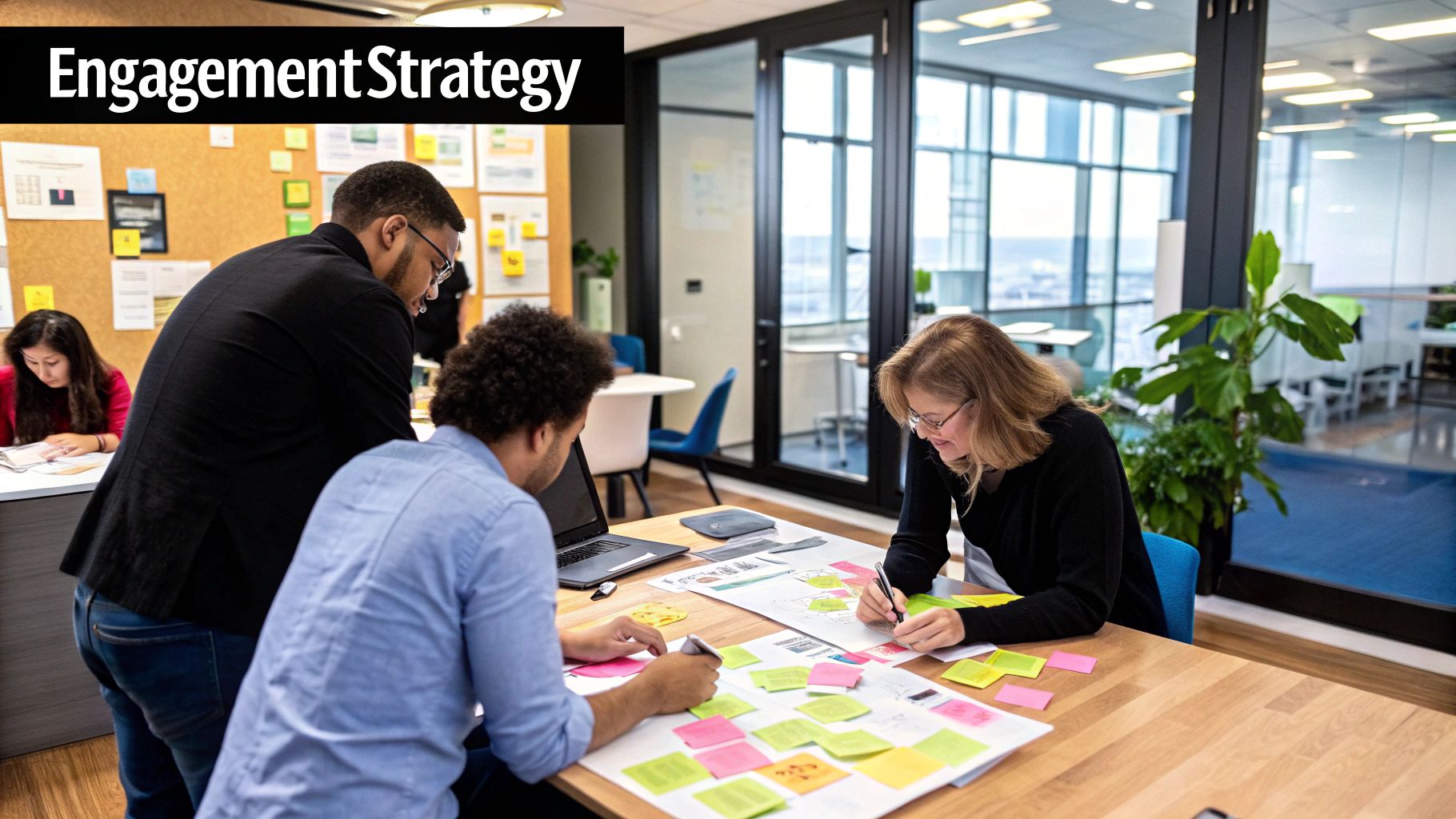 A team collaborating around a whiteboard, mapping out ideas and strategies for a brand activation campaign.