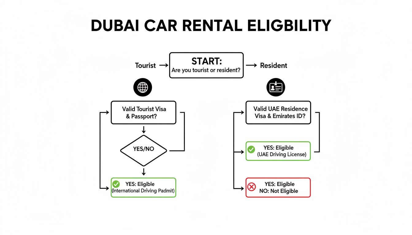 Flowchart detailing Dubai car rental eligibility requirements for tourists and residents, outlining necessary documents.