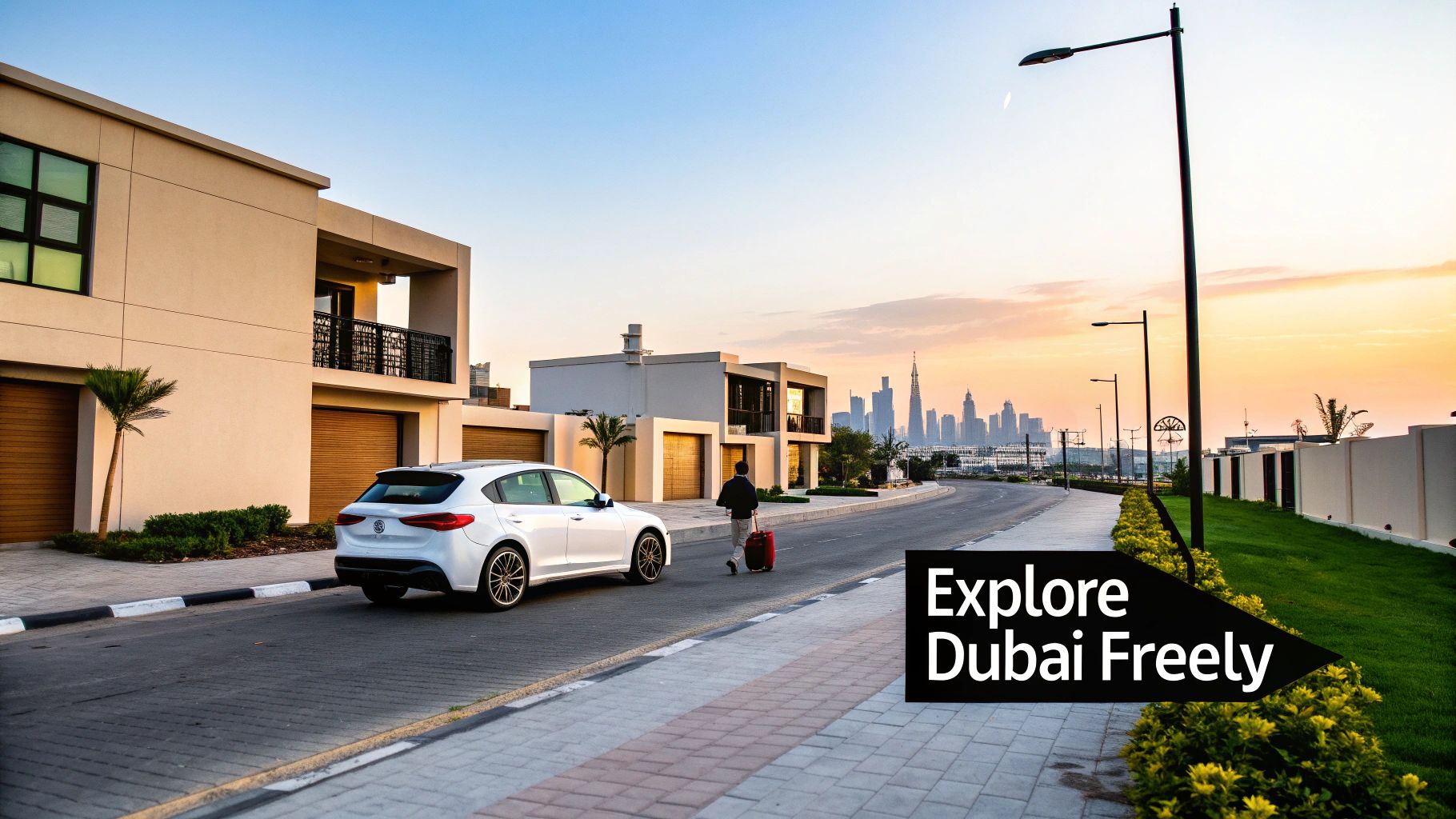 Rent a Car Dubai International City: rent a car dubai international city Tips 1 Person with suitcase by white car on Dubai street, city skyline at sunset, 'Explore Dubai Freely' sign.