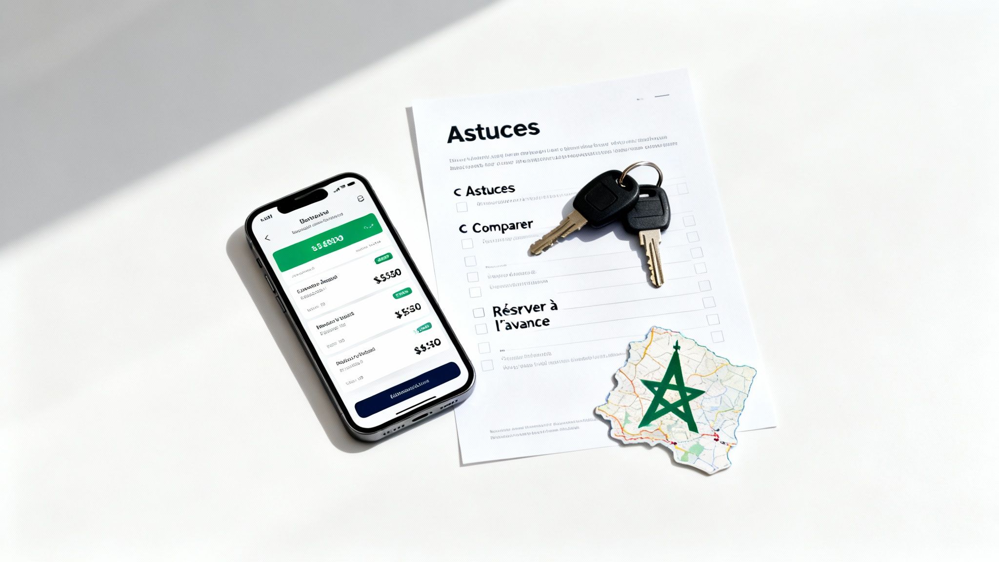 Smartphone avec application de location, clés de voiture, conseils de voyage et carte du Maroc.