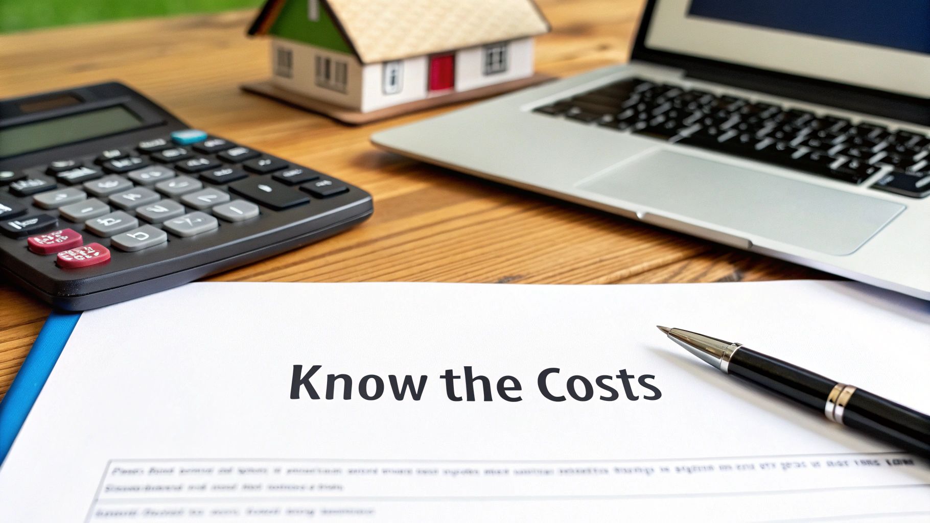 A calculator, house model, laptop, and pen on a desk next to a document reading 'Know the Costs'.