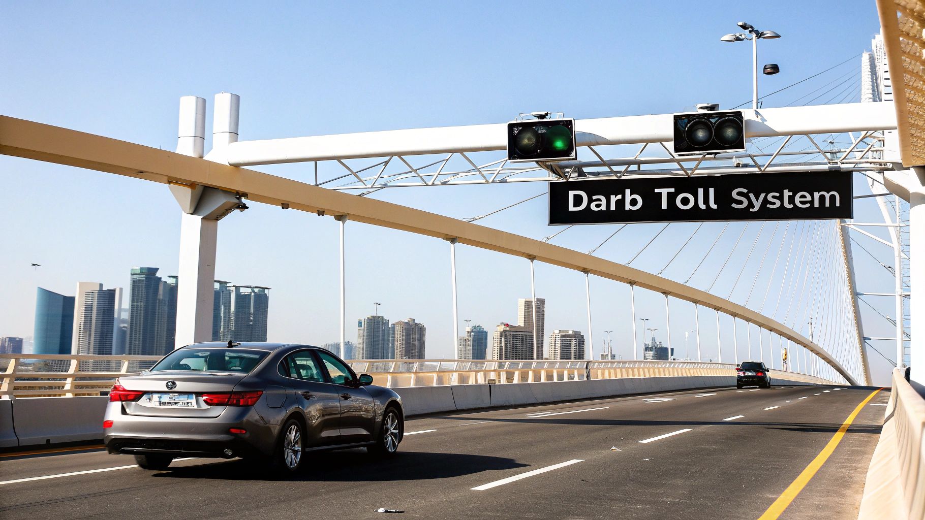 A grey car drives under a 'Darb Toll System' sign on a bridge with city buildings in the distance.