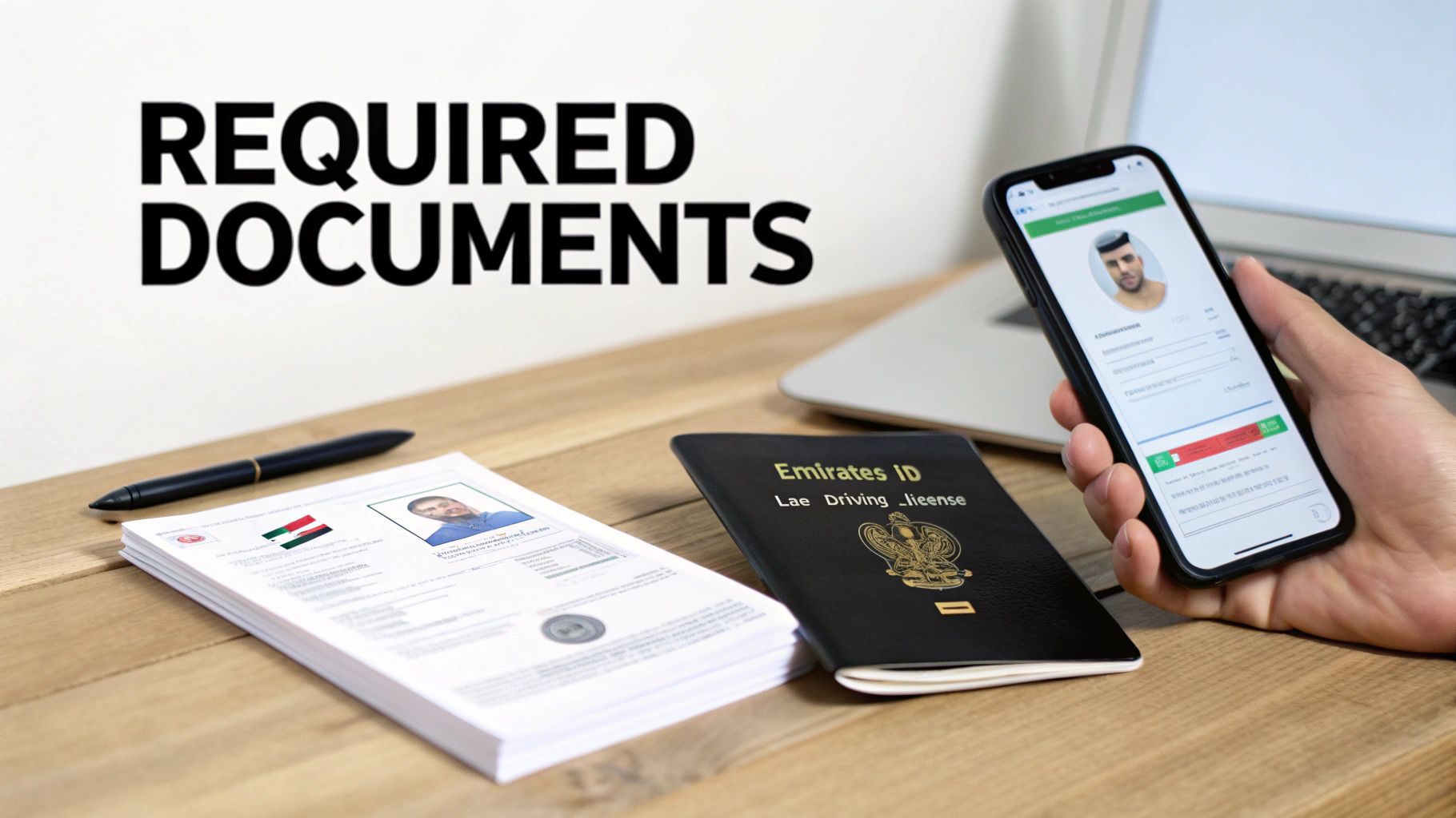 Required documents including Emirates ID, driving license, and digital ID for a car lease.