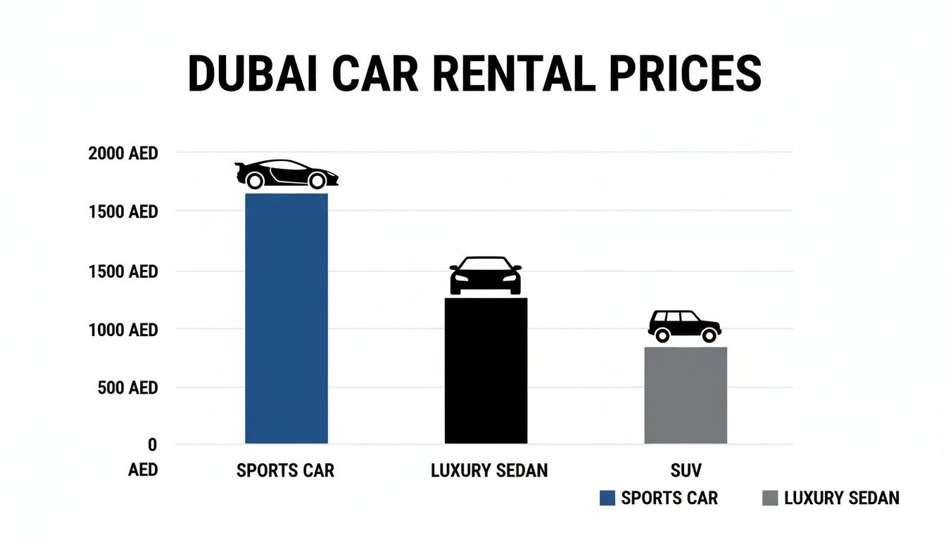 Bar chart displaying Dubai car rental prices for sports cars, luxury sedans, and SUVs in AED.
