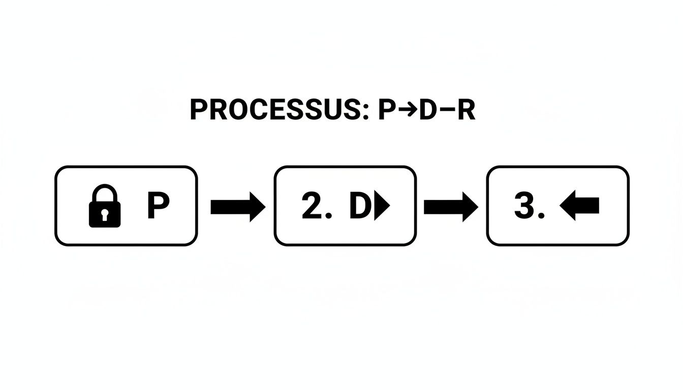 Diagramme de processus simple montrant les étapes P (verrouillage), 2. D (avant) et 3. (arrière) pour une boîte de vitesses automatique.