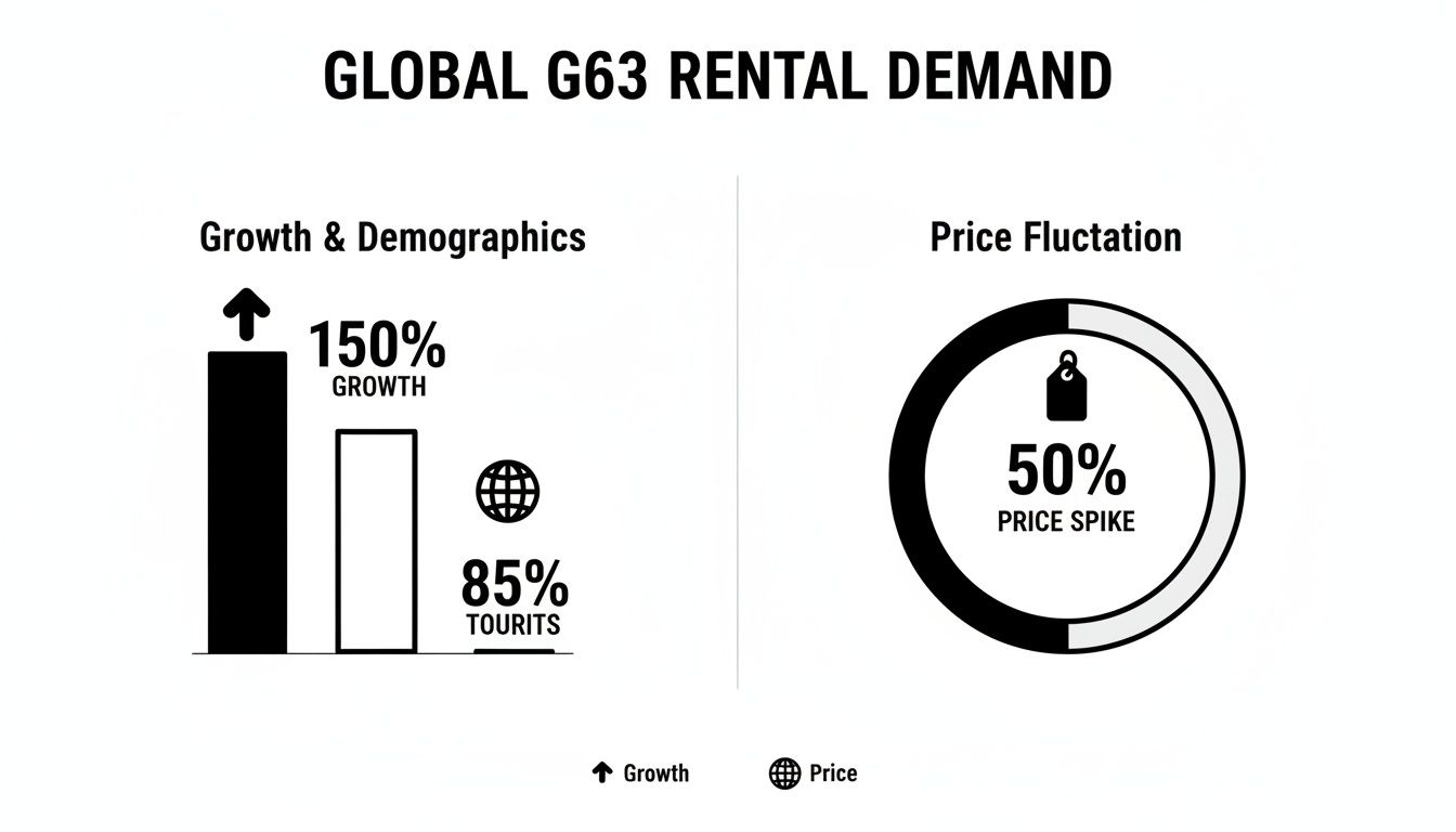 Rent g63 dubai: Your Ultimate Guide to Renting a G63 1 Infographic showing global G63 rental demand with 150% growth, 85% tourists, and a 50% price spike.