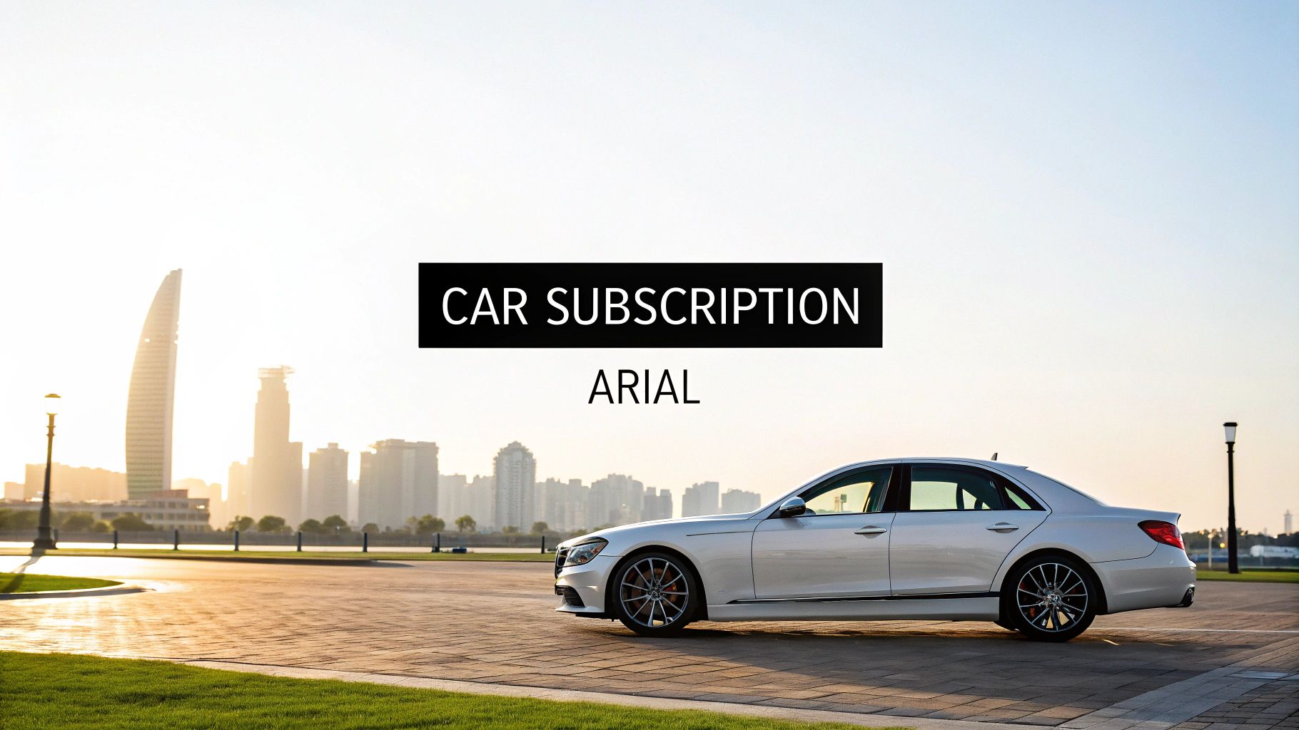 A sleek white luxury car parked at sunset with a city skyline in the background, promoting car subscriptions.