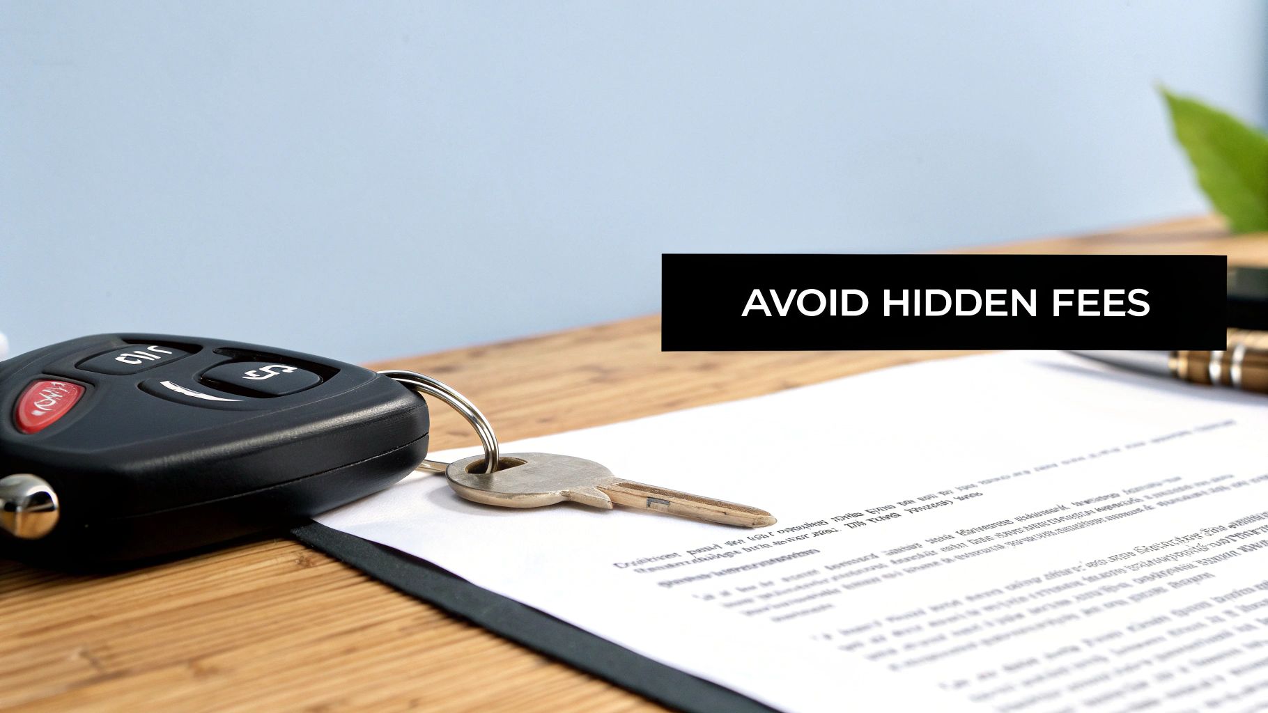 Car key and contract document on a wooden desk with a banner saying 'AVOID HIDDEN FEES'.
