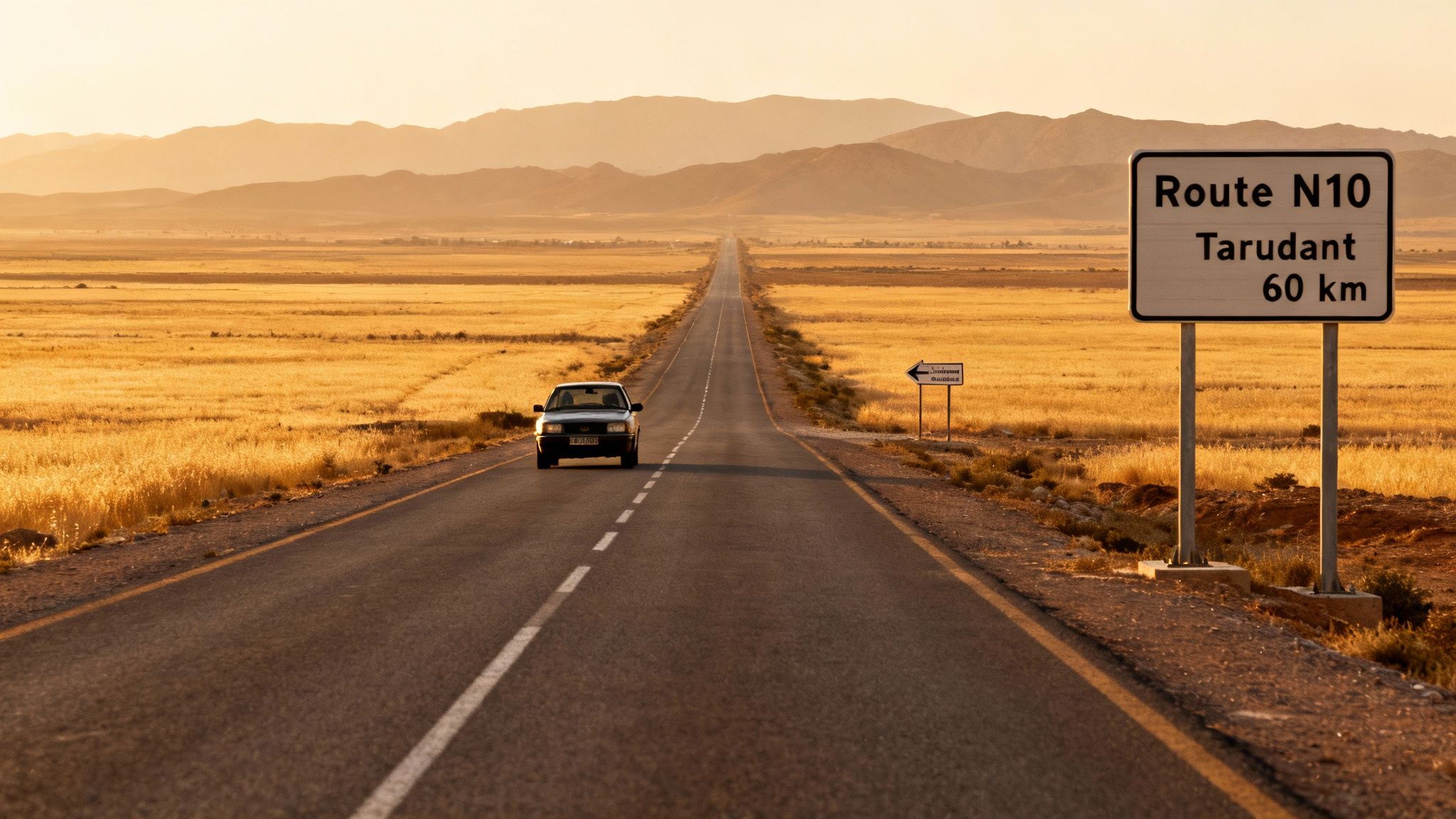 Longue route au coucher du soleil menant à Taroudant, avec une voiture et des montagnes en arrière-plan.