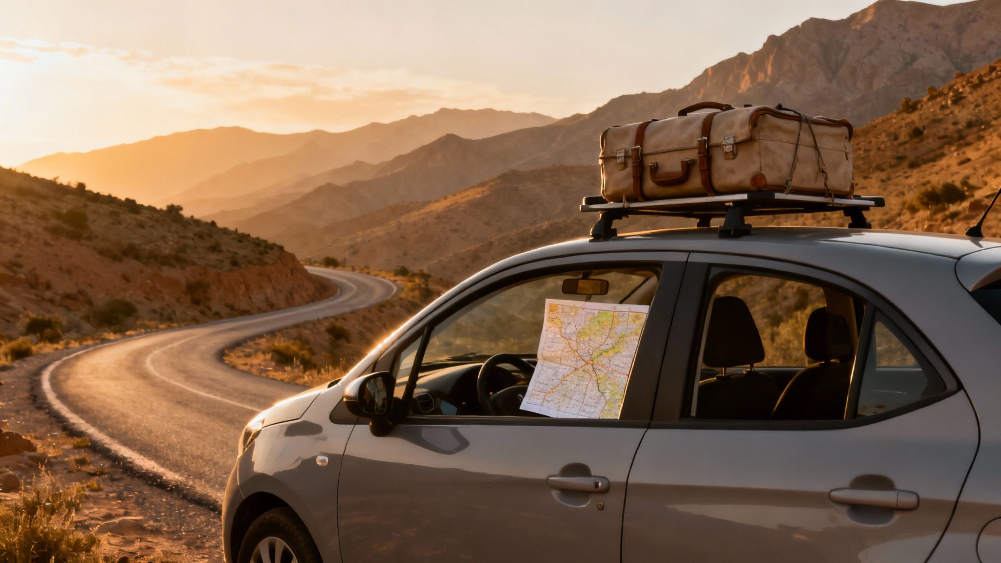 Une voiture grise avec une valise sur le toit et une carte sur la vitre, garée sur une route de montagne sinueuse au coucher du soleil.
