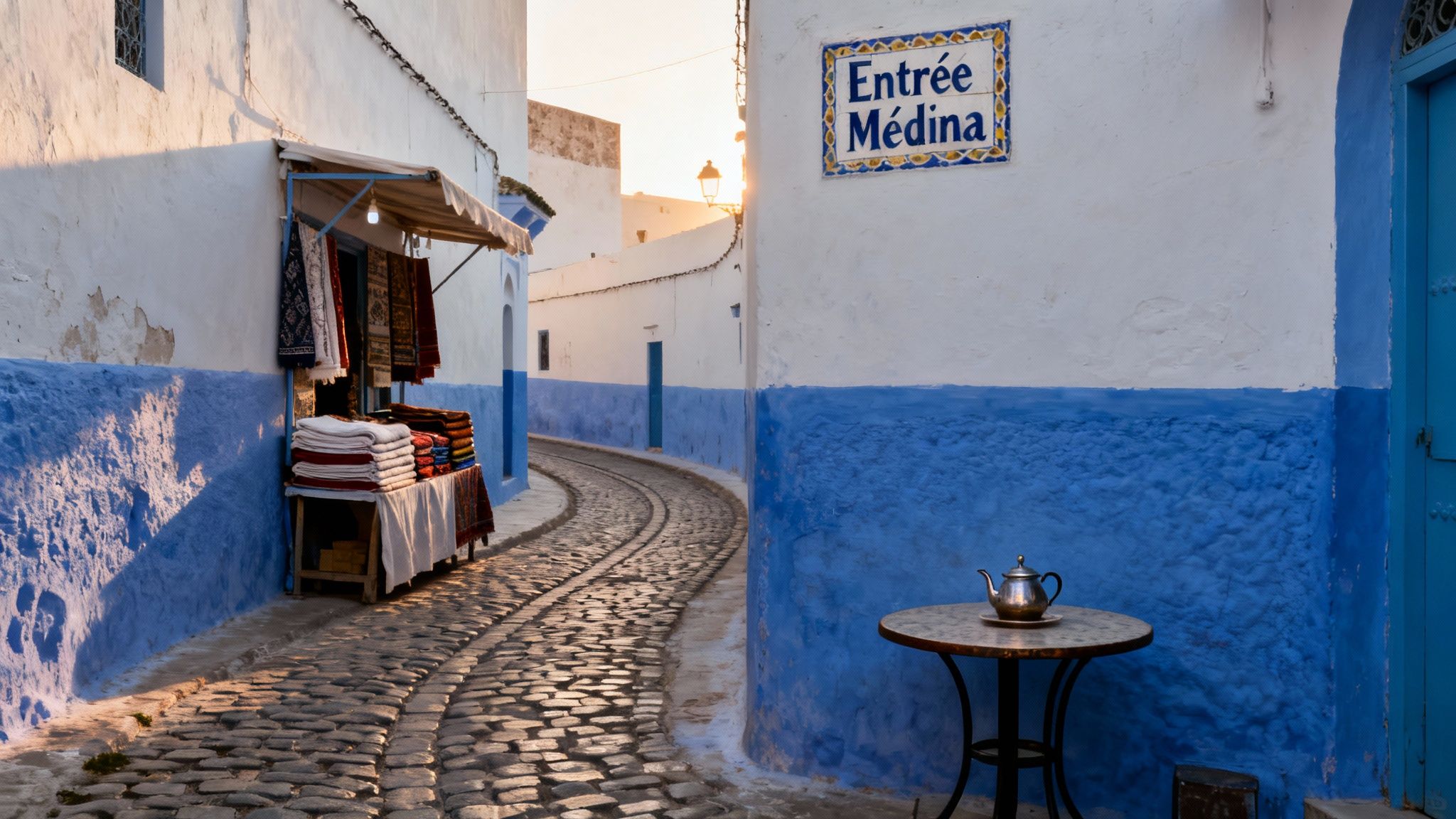 Une ruelle sinueuse d'une médina marocaine aux murs bleus et blancs, avec un étal de tapis et une théière.