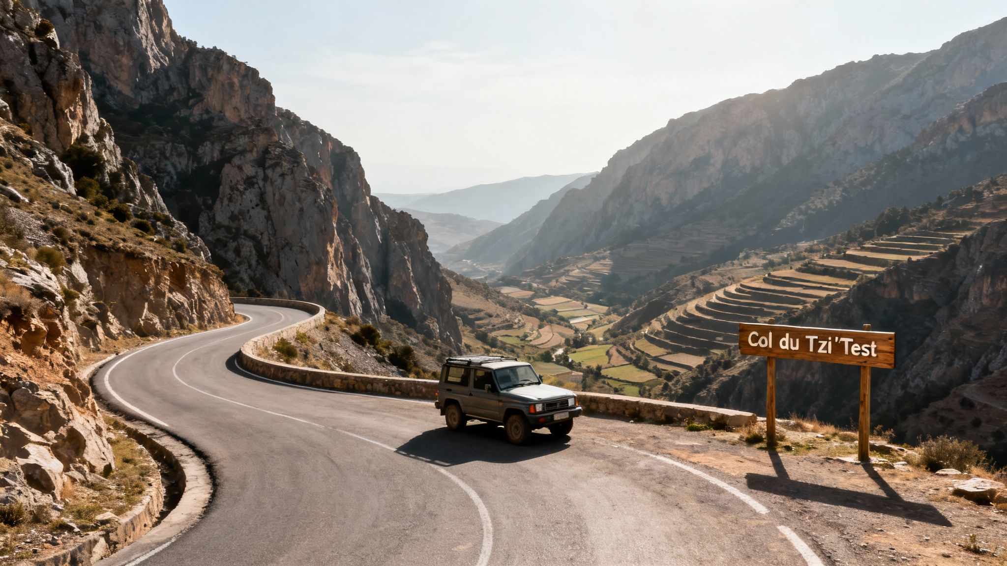 Vue panoramique du col du Tizi n'Test au Maroc, avec une route sinueuse et un SUV, entourée de montagnes escarpées et de terrasses agricoles.