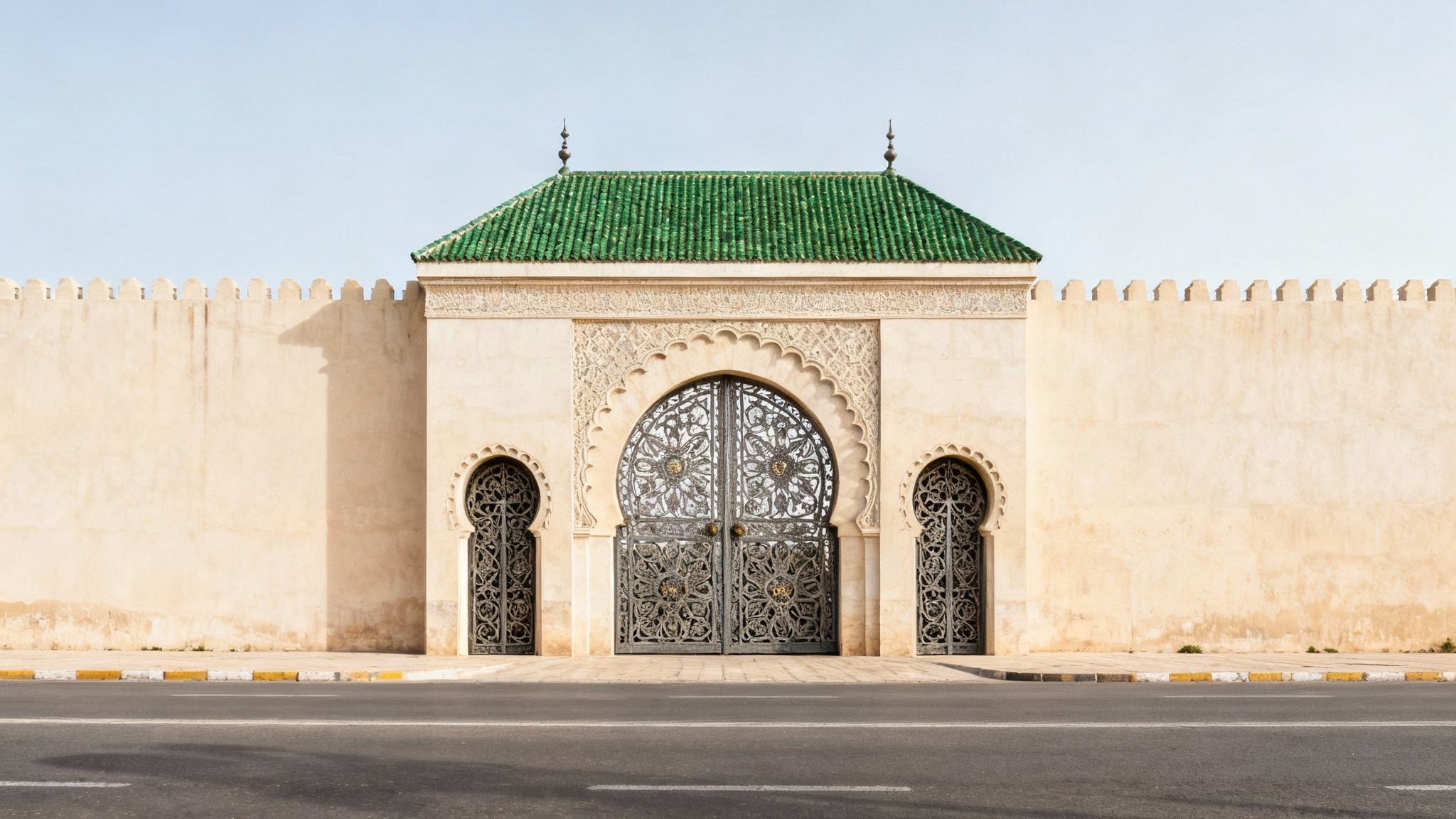 Magnifique façade de palais marocain avec un toit de tuiles vertes et de grandes portes en fer forgé.