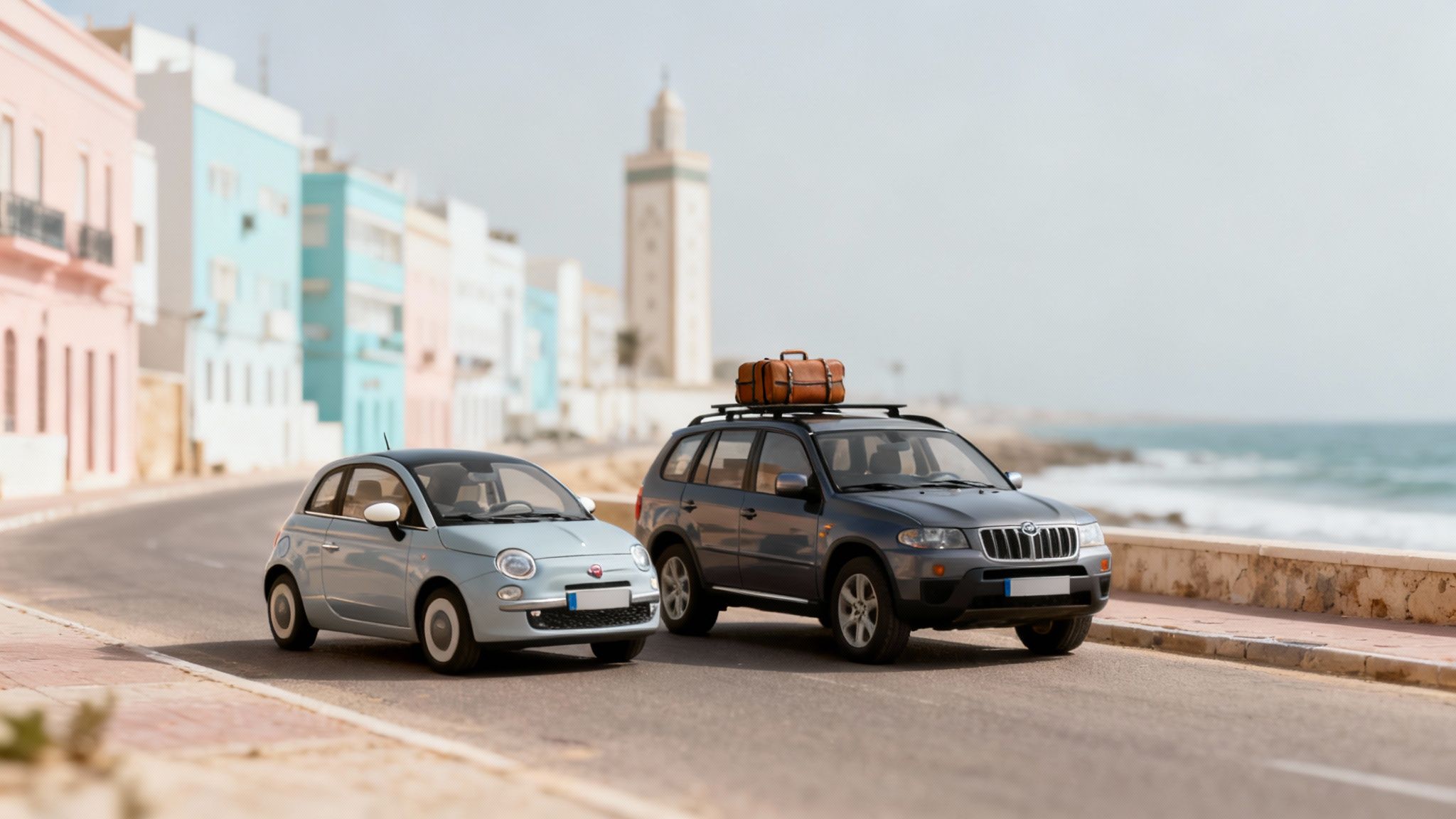 Deux voitures sur une route côtière devant l'océan, des bâtiments pastel et un minaret.