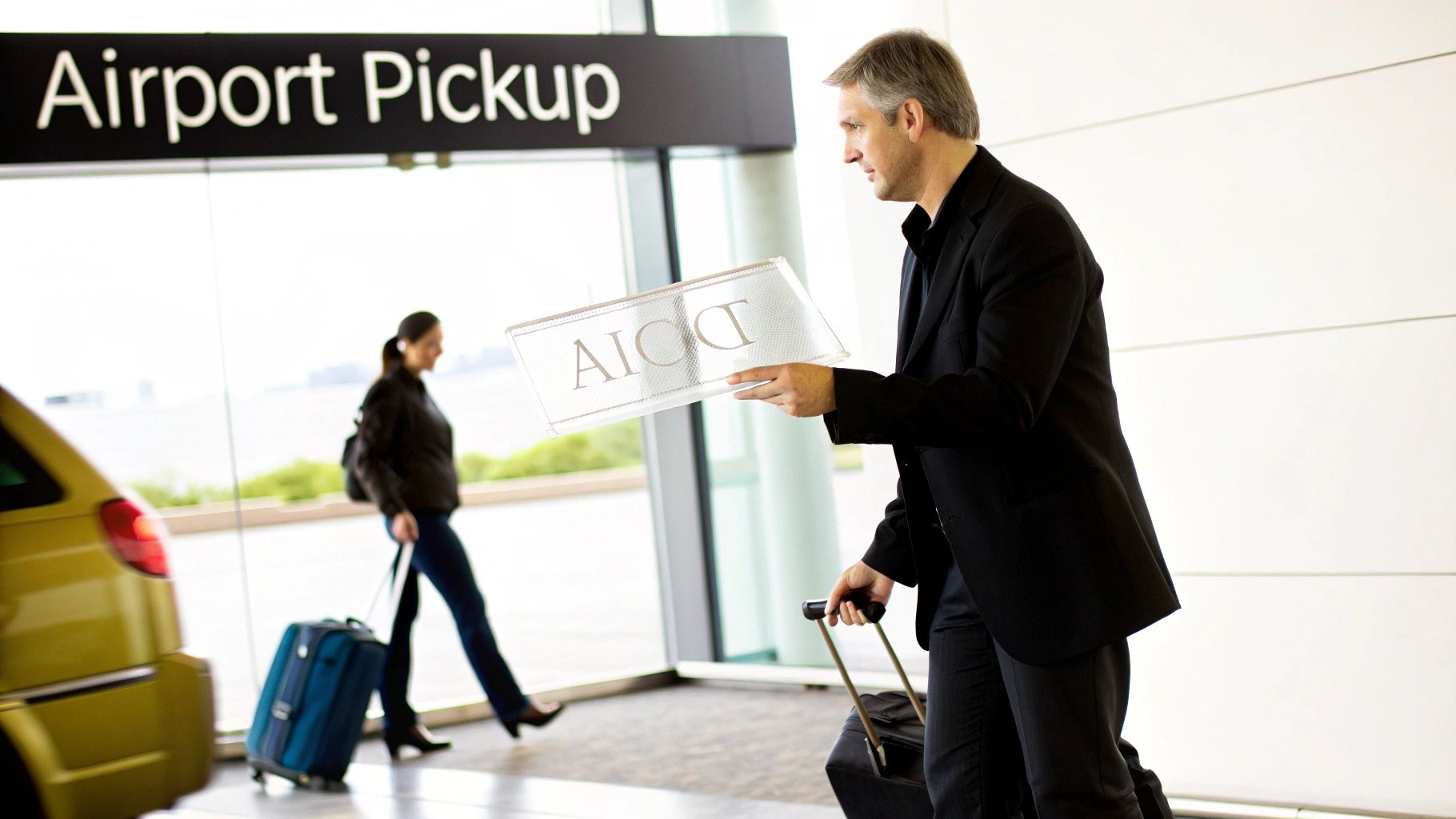 A man in a suit holds a pickup sign, pulling luggage at an airport terminal.
