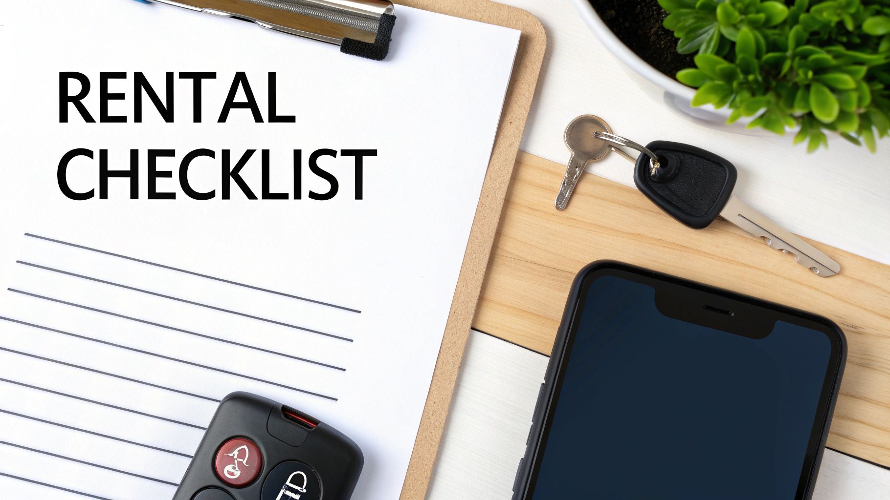 A 'RENTAL CHECKLIST' on a clipboard with car keys, a remote, and a smartphone on a desk.