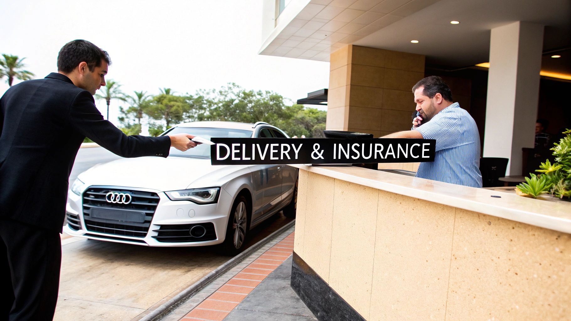 A valet delivers a white Audi to a customer at a rental counter with a "Delivery & Insurance" sign.