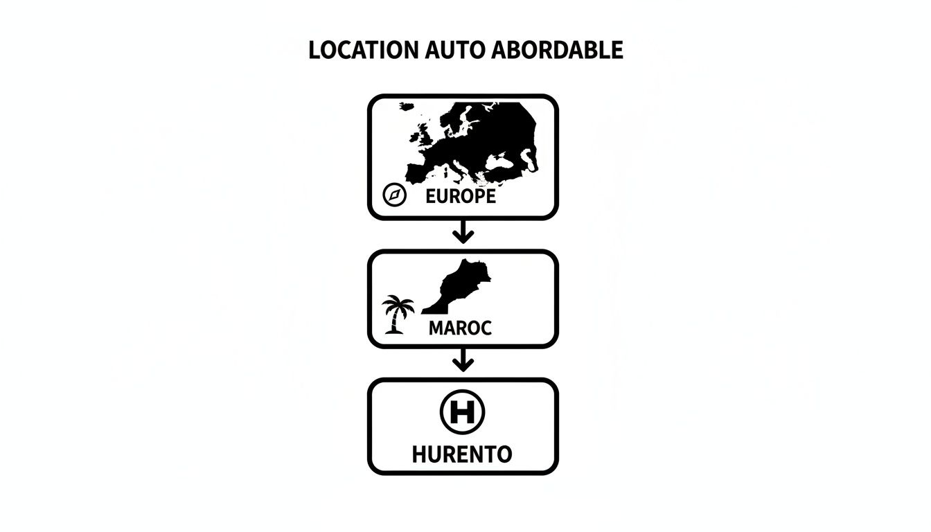 Diagramme illustrant la location de voiture abordable : de l'Europe au Maroc avec Hurento.