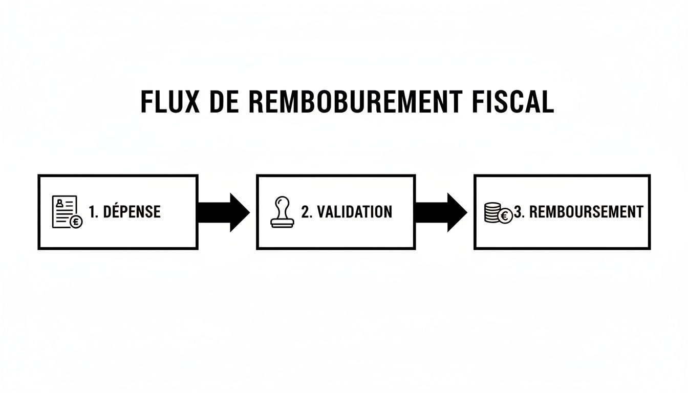 Schéma illustrant le flux de remboursement fiscal en trois étapes : dépense, validation et remboursement.