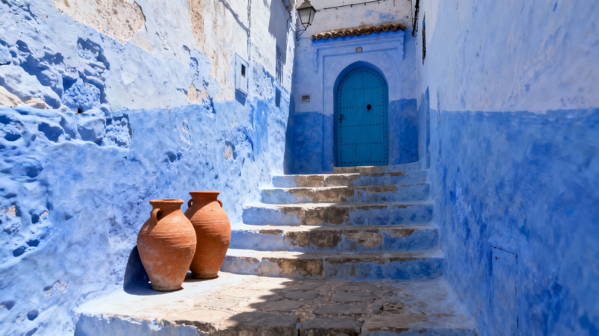 Ruelle bleue traditionnelle avec porte turquoise et poteries en terre cuite à Chefchaouen, Maroc