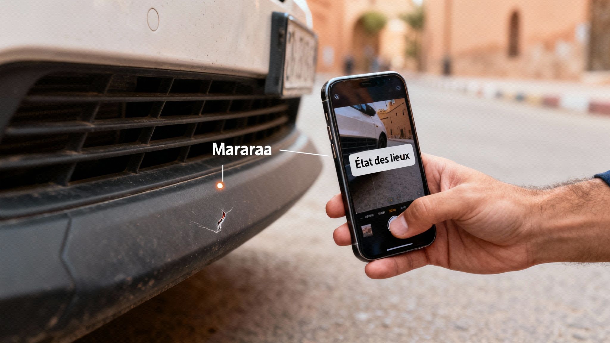 Une main tient un smartphone pour photographier une rayure sur le pare-chocs d'une voiture, avec une étiquette 'Mararaa'.