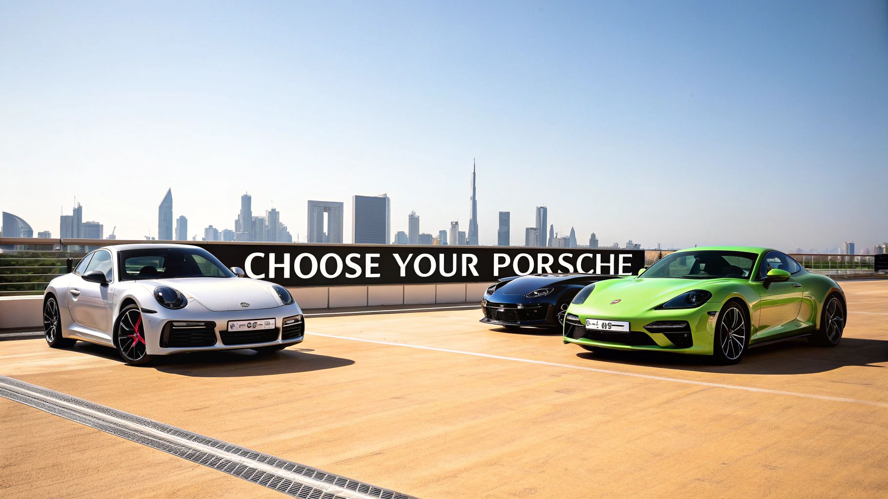 White and green Porsche sports cars displayed on rooftop with Dubai skyline background