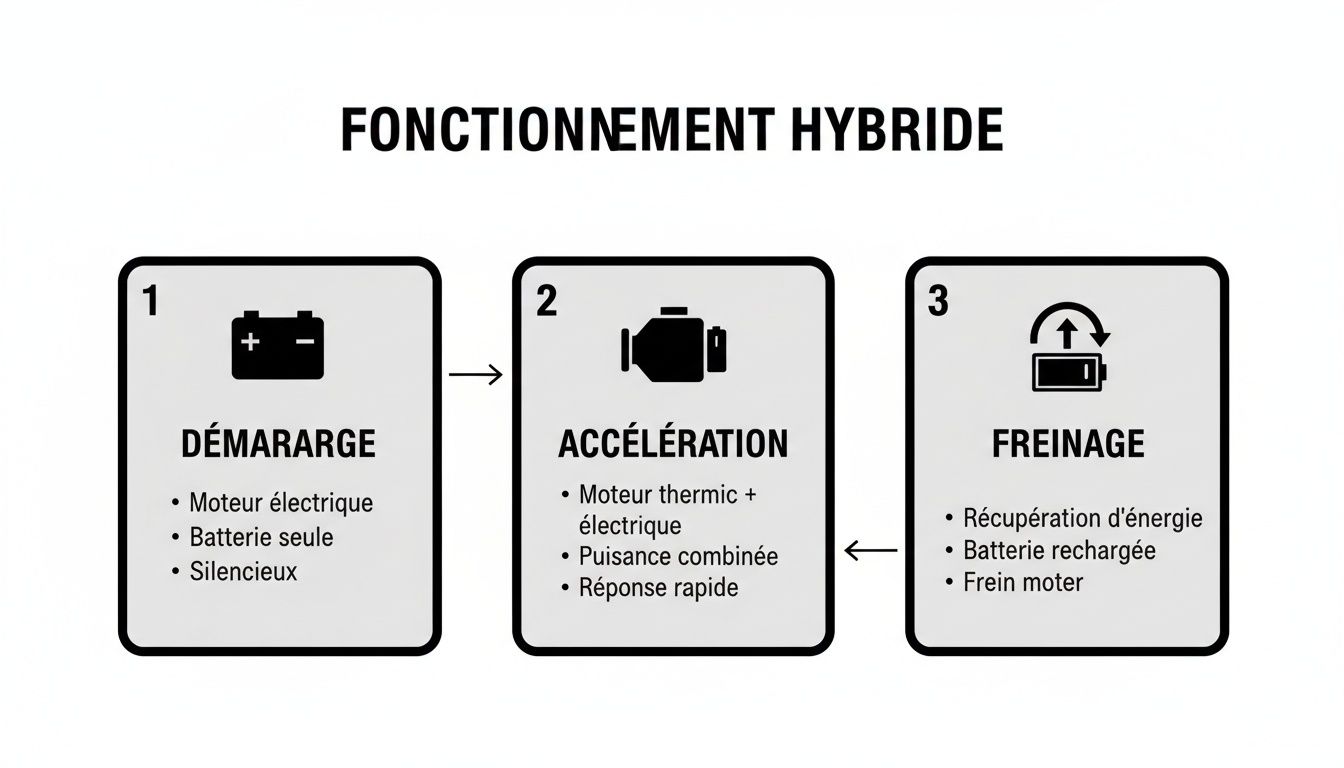 Diagramme expliquant le fonctionnement d'une voiture hybride en trois étapes : démarrage, accélération et freinage.