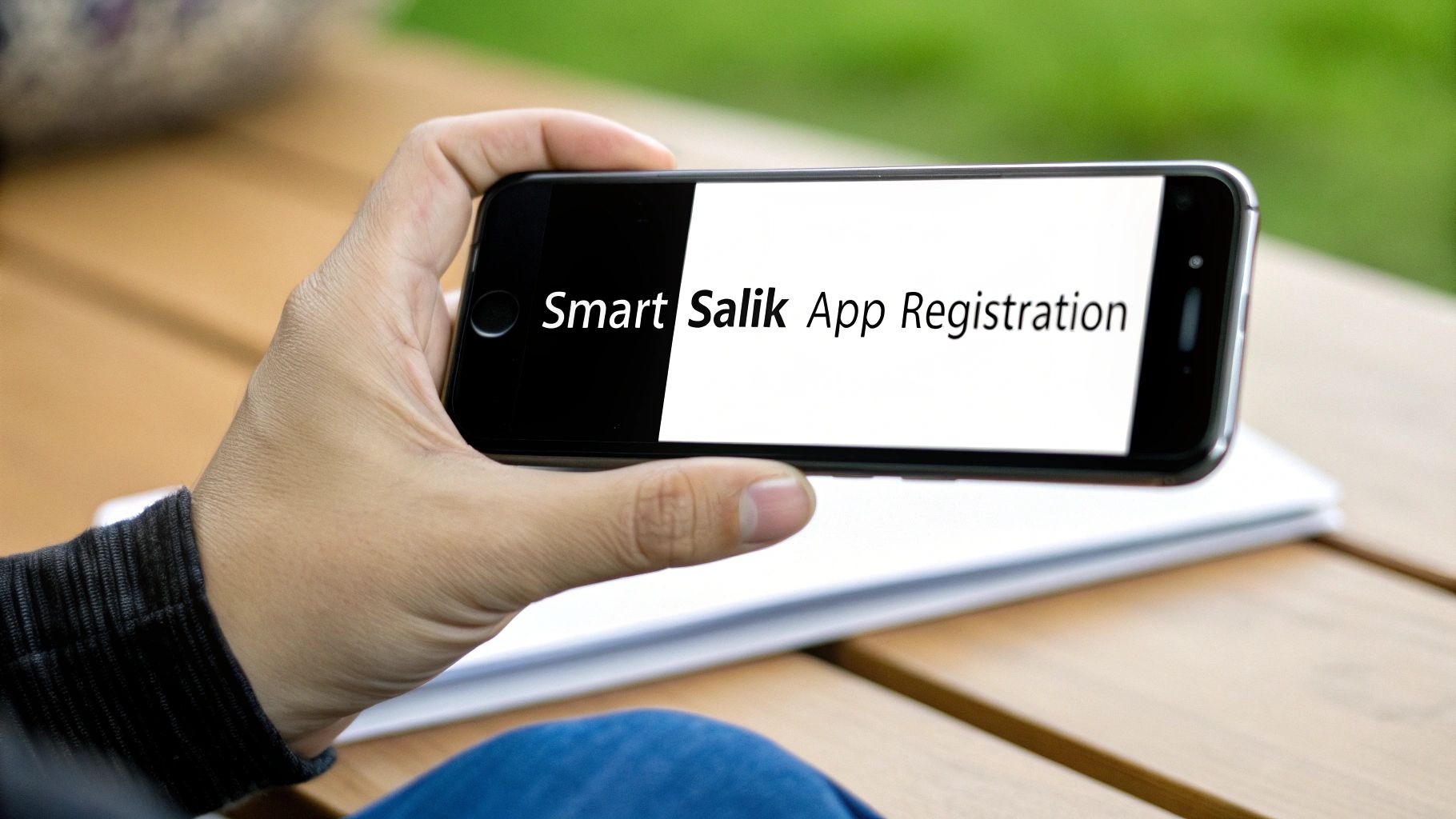 A person holding a smartphone displaying the Smart Salik app interface, with a car in the background.