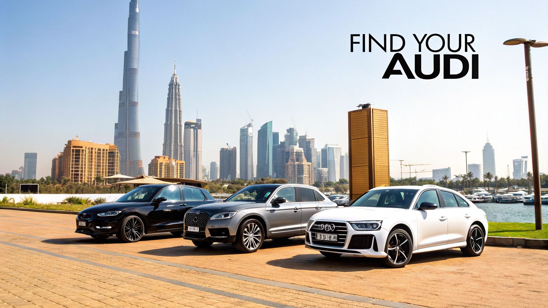 Luxury Audi Rent a Car Dubai | Drive in Style Today 3 A sleek white Audi R8 parked with the Dubai skyline in the background, representing the ultimate luxury rental choice.
