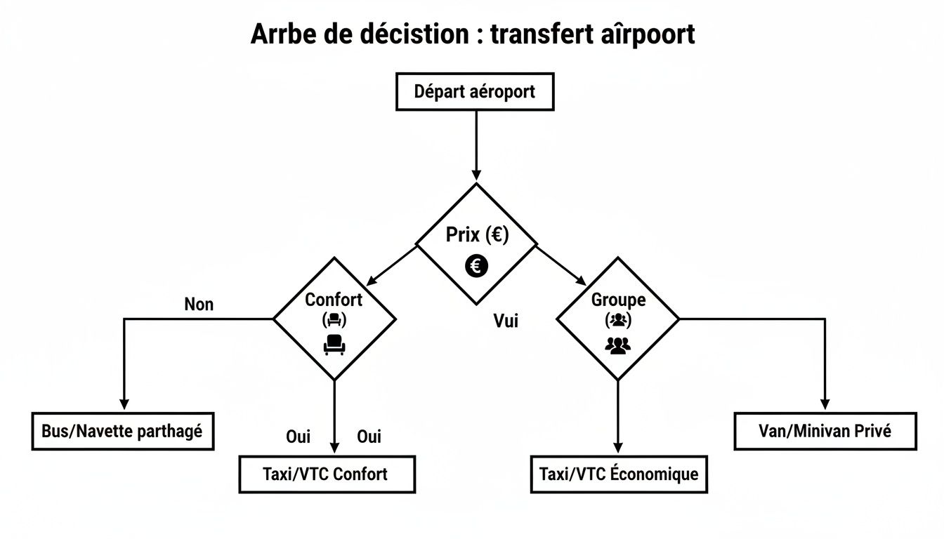 Diagramme de décision pour choisir un transfert aéroport, basé sur le prix, le confort et la taille du groupe.