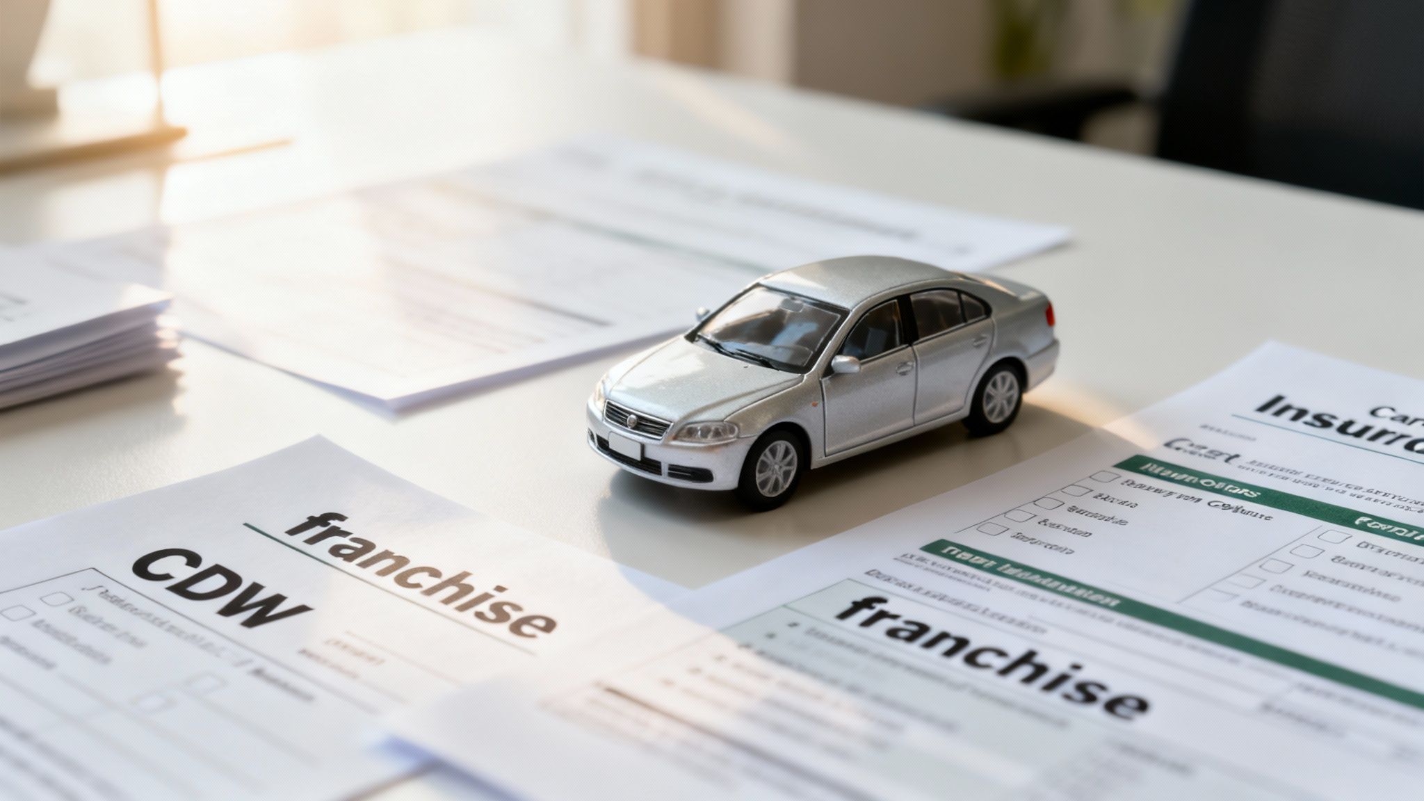 Voiture miniature argentée posée sur des documents d'assurance ou de location de voiture, avec le mot 'franchise' visible.