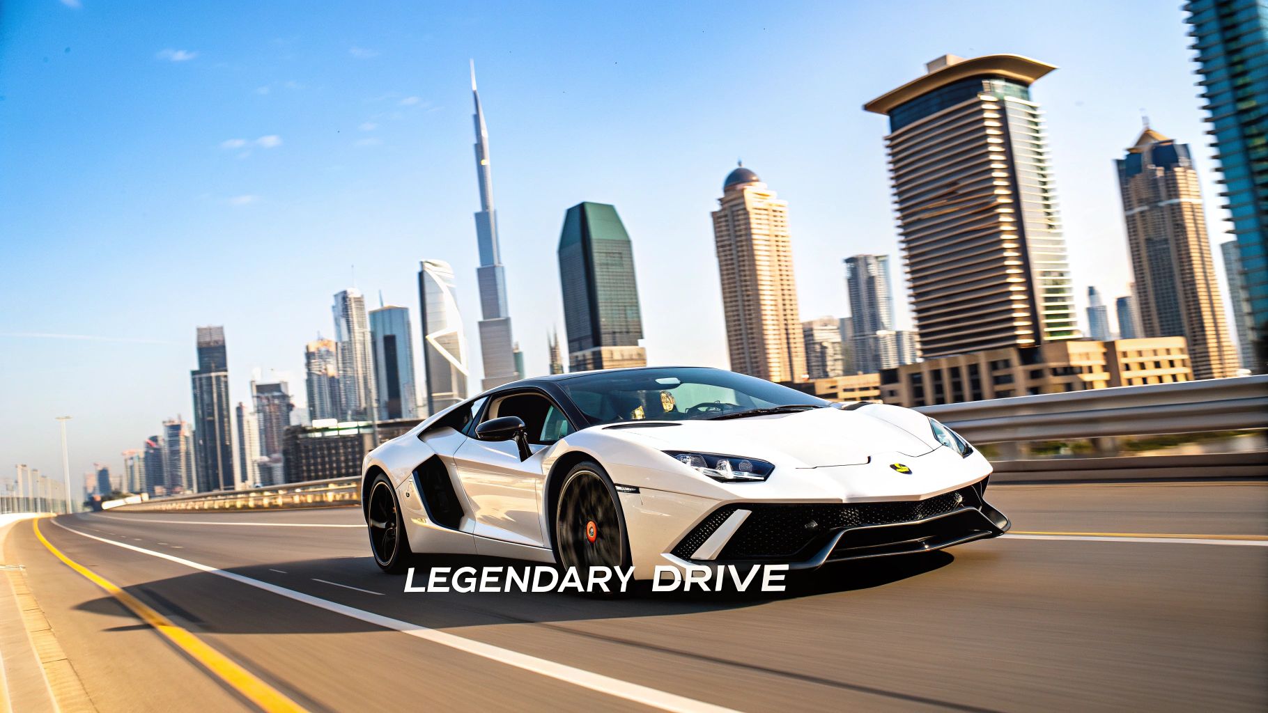 A high-performance sports car driving down a modern city road with skyscrapers in the background