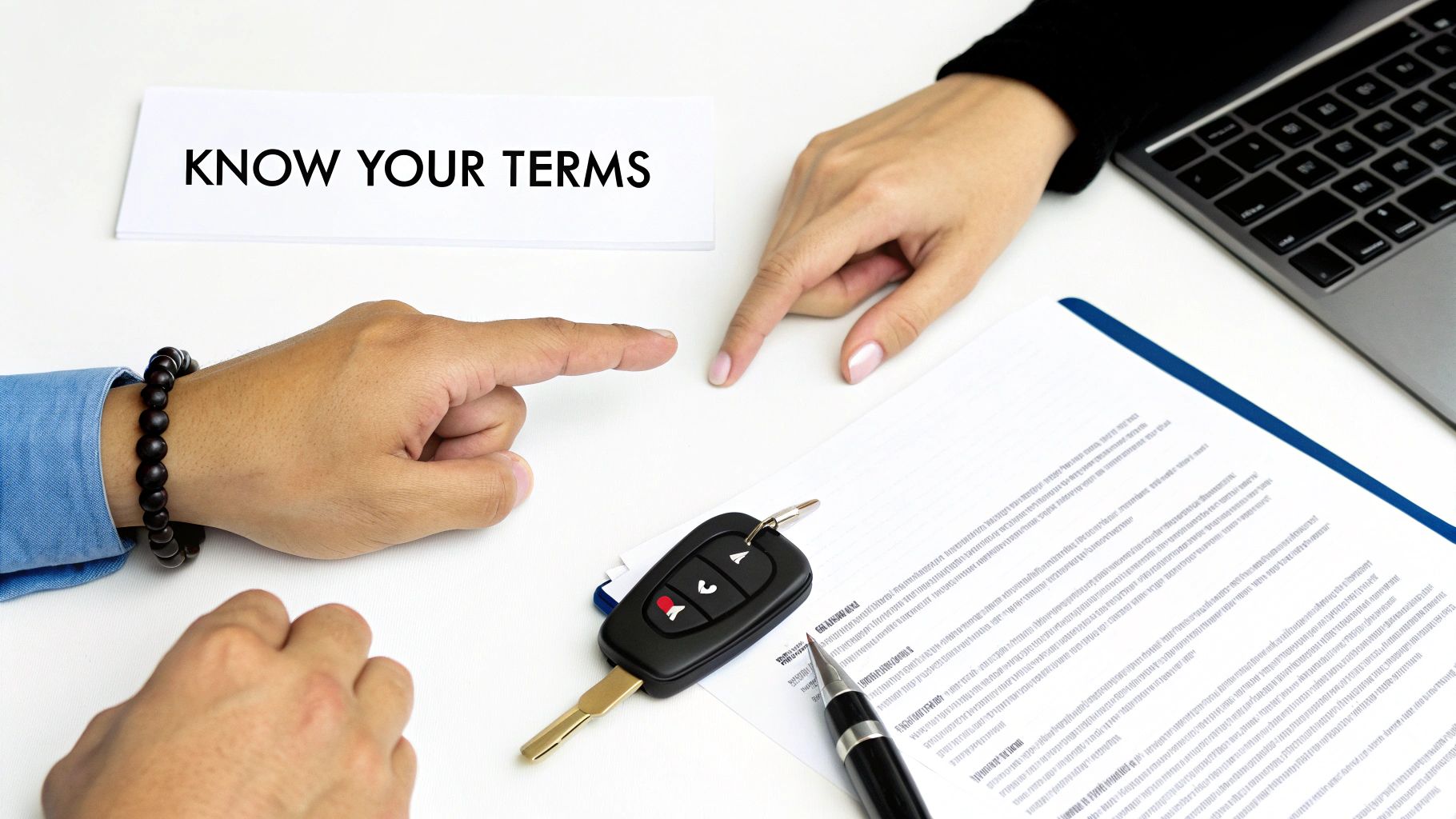 Hands pointing at a 'KNOW YOUR TERMS' sign, car key, and agreement document on a table.