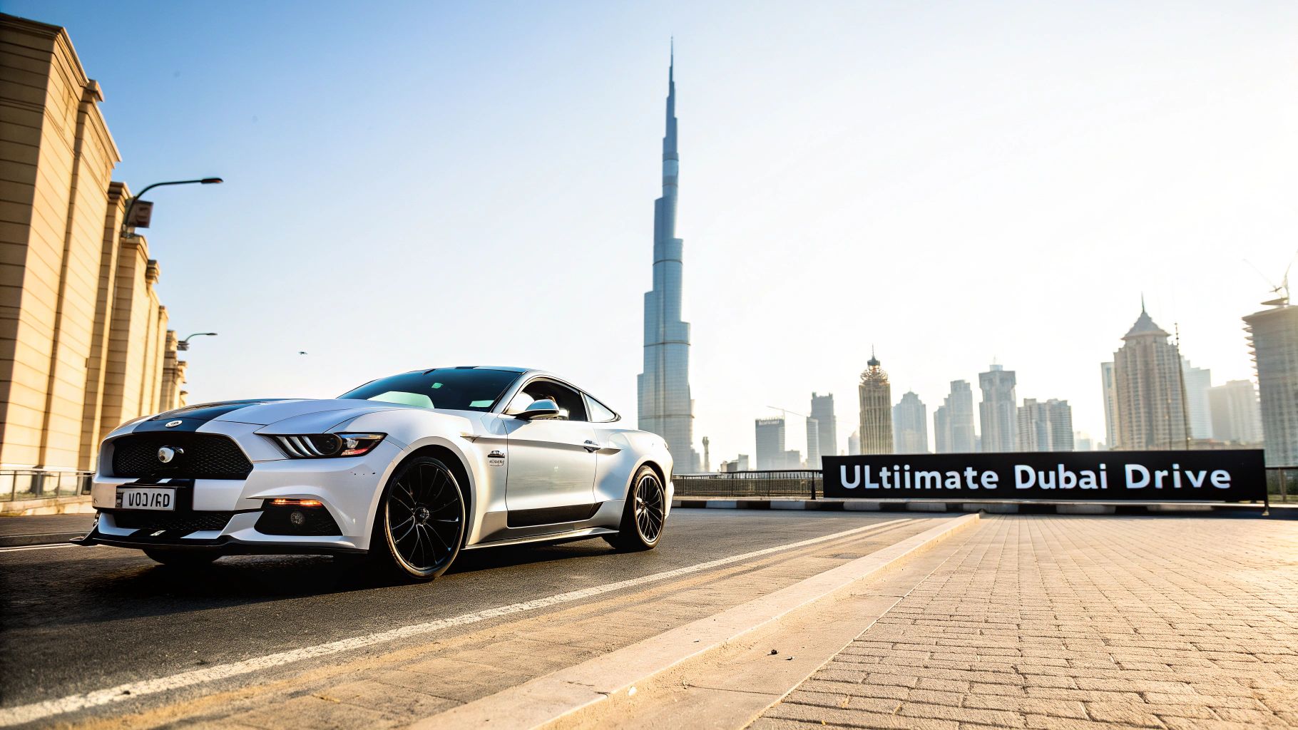 Your Guide to Mustang for Rent in Dubai 1 White Ford Mustang with black stripes in Dubai, featuring the Burj Khalifa and city skyline.