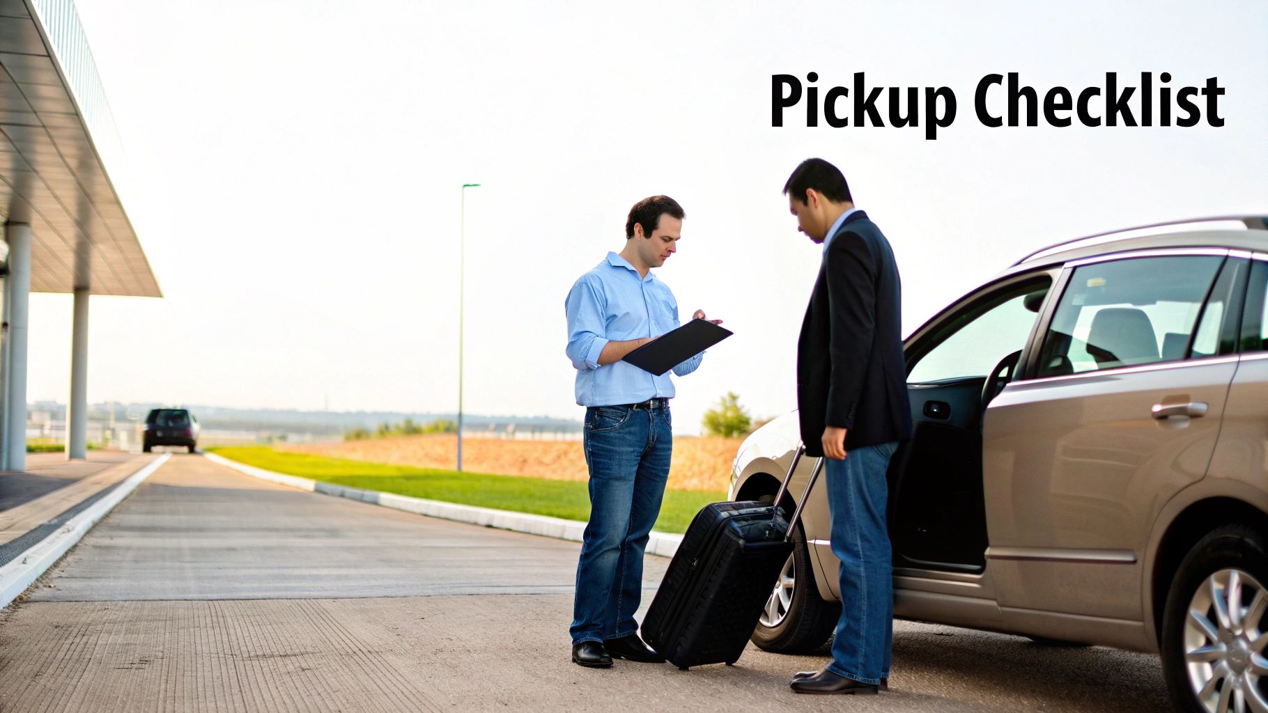 Weekly car hire dubai: Your Ultimate Guide to Smart Rentals 4 Two men, one holding a clipboard, stand next to a car with an open door and a suitcase, suggesting a car pickup or rental.
