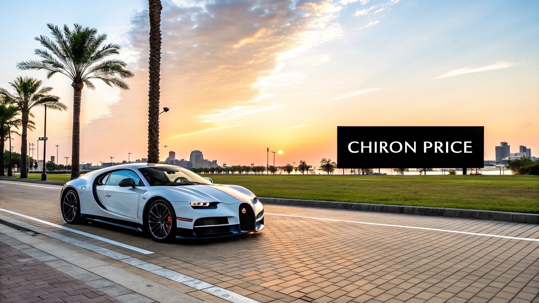 A sleek white Bugatti Chiron is parked on a paved road at sunset with palm trees.