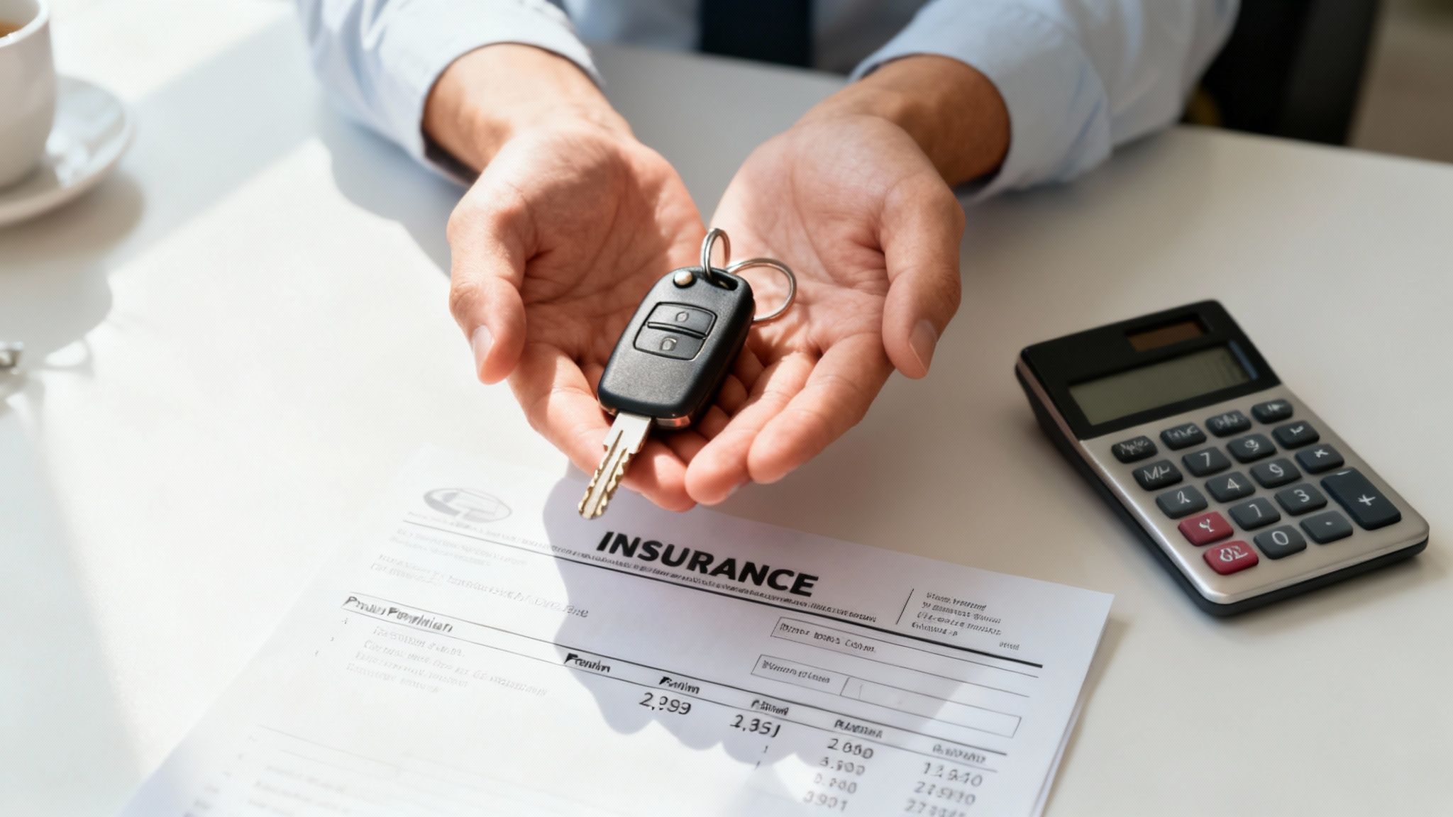 Une calculatrice et des clés de voiture posées sur des documents d'assurance