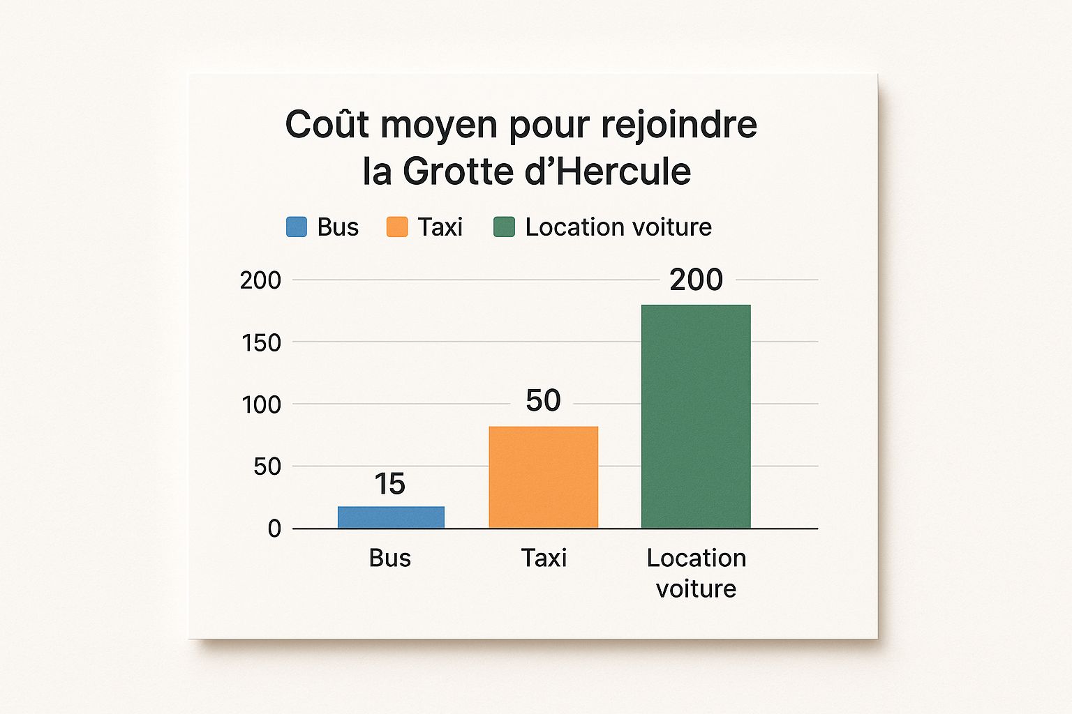 Infographie comparant le coût moyen en MAD pour se rendre à la Grotte d'Hercule en bus, taxi et voiture de location.