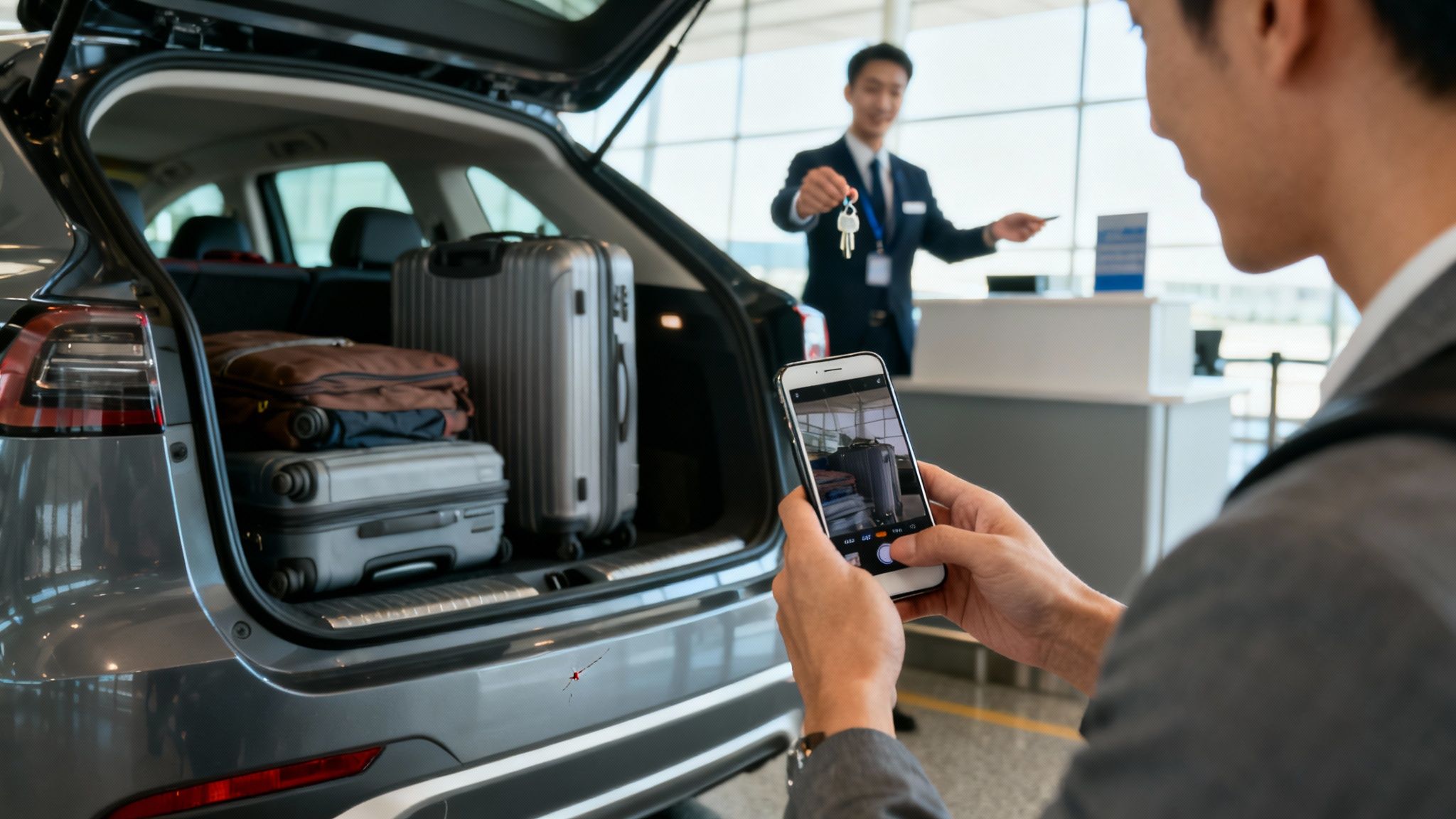 Un homme photographie les bagages dans le coffre d'une voiture de location, un agent tenant les clés.