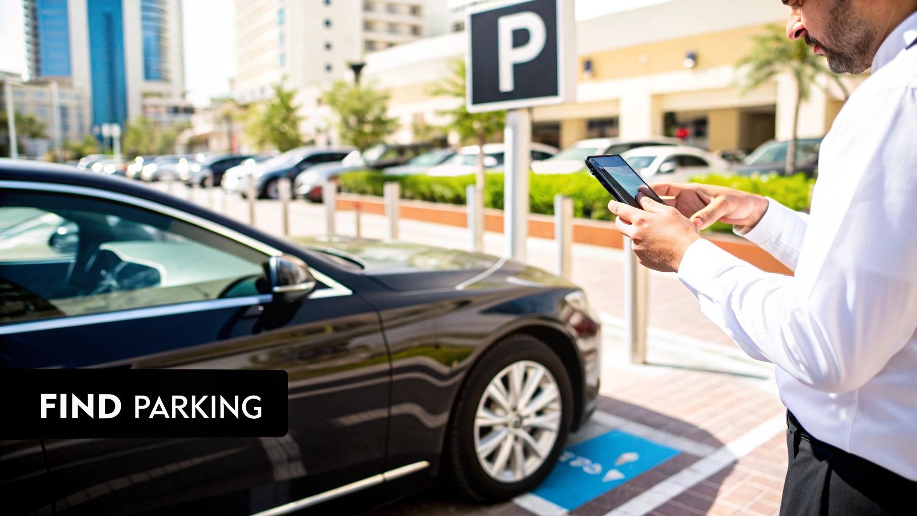 Man in a white shirt uses a smartphone app to find parking near a black car.