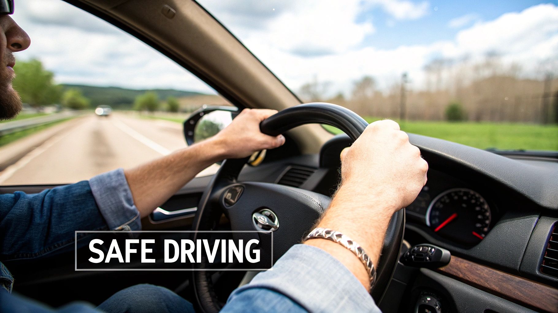 A sports car driving on a modern highway in Dubai, capturing the essence of the city's infrastructure