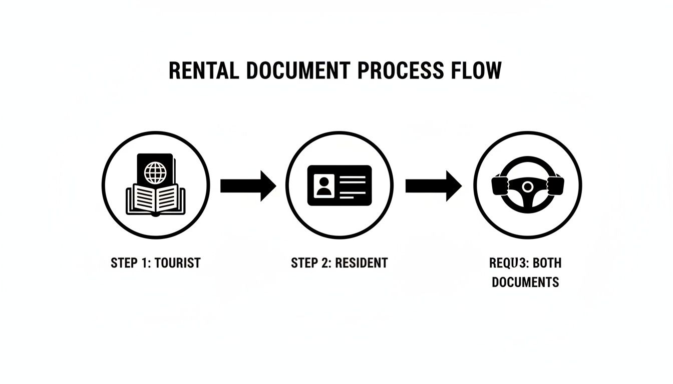 Flowchart showing rental document requirements: Step 1 Tourist (passport), Step 2 Resident (ID), REQU3 Both Documents (driving).