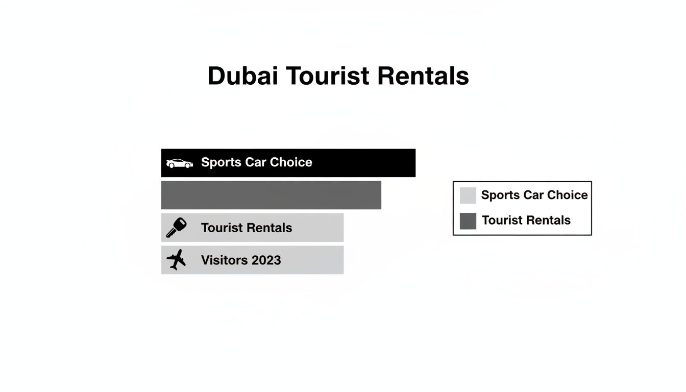 A bar chart illustrating Dubai tourist rentals, highlighting sports car choices and visitor data.