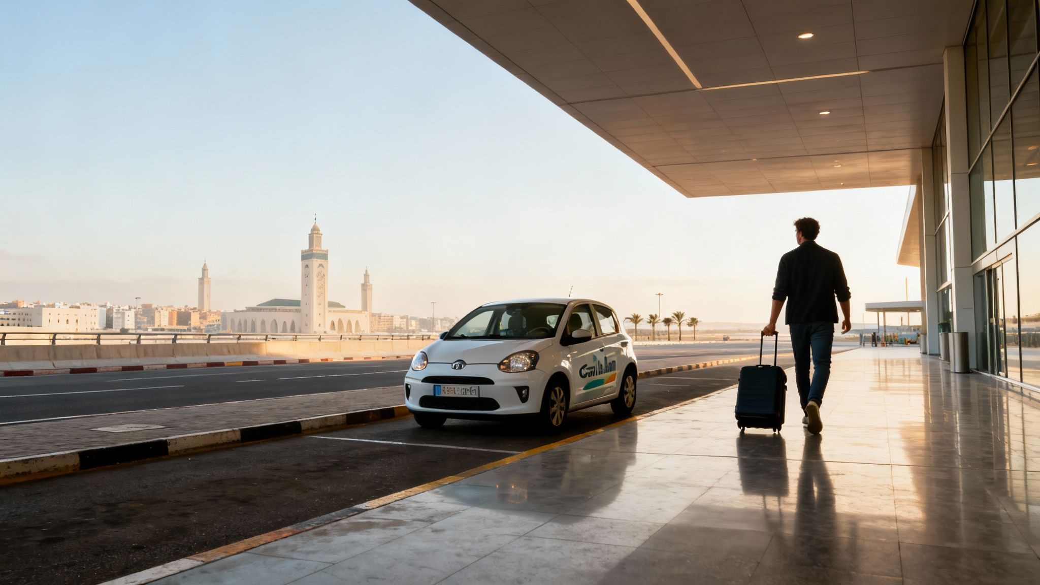 Un homme marche avec une valise près d'une voiture blanche devant l'aéroport de Casablanca, avec une mosquée en arrière-plan au lever du soleil.