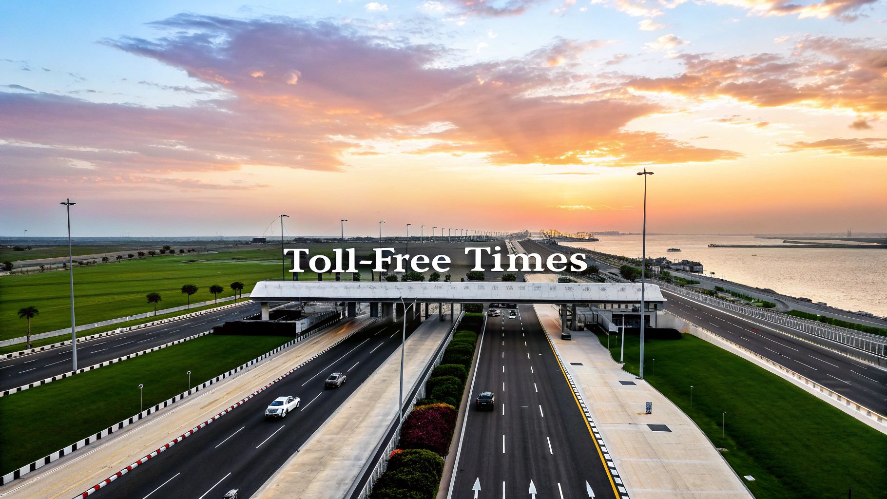 A scenic view of a multi-lane highway with cars, an overpass, and green fields at sunset, with a body of water and distant bridge.