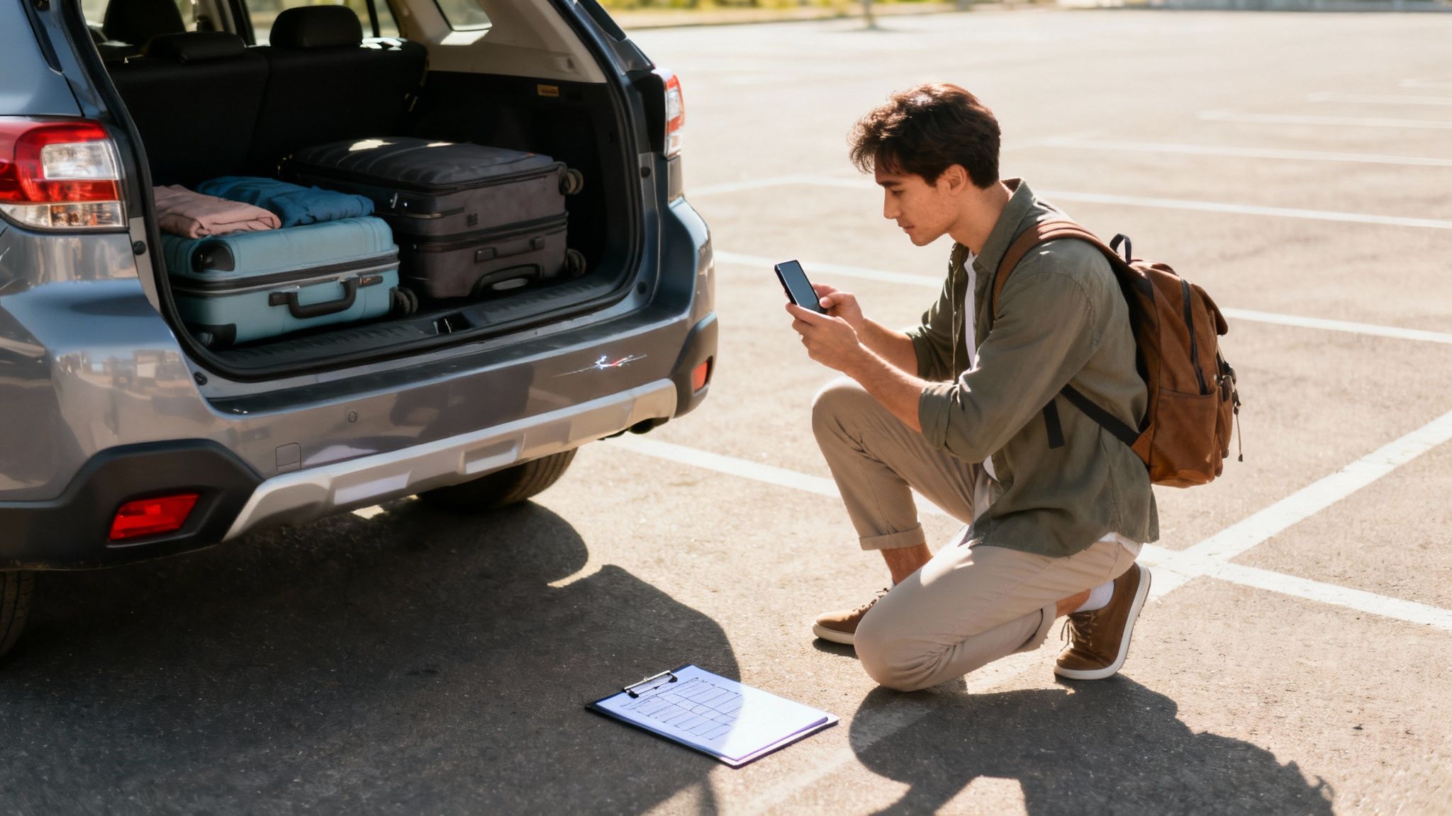 Une personne prenant une photo des rayures sur une voiture de location avec son smartphone avant de partir.