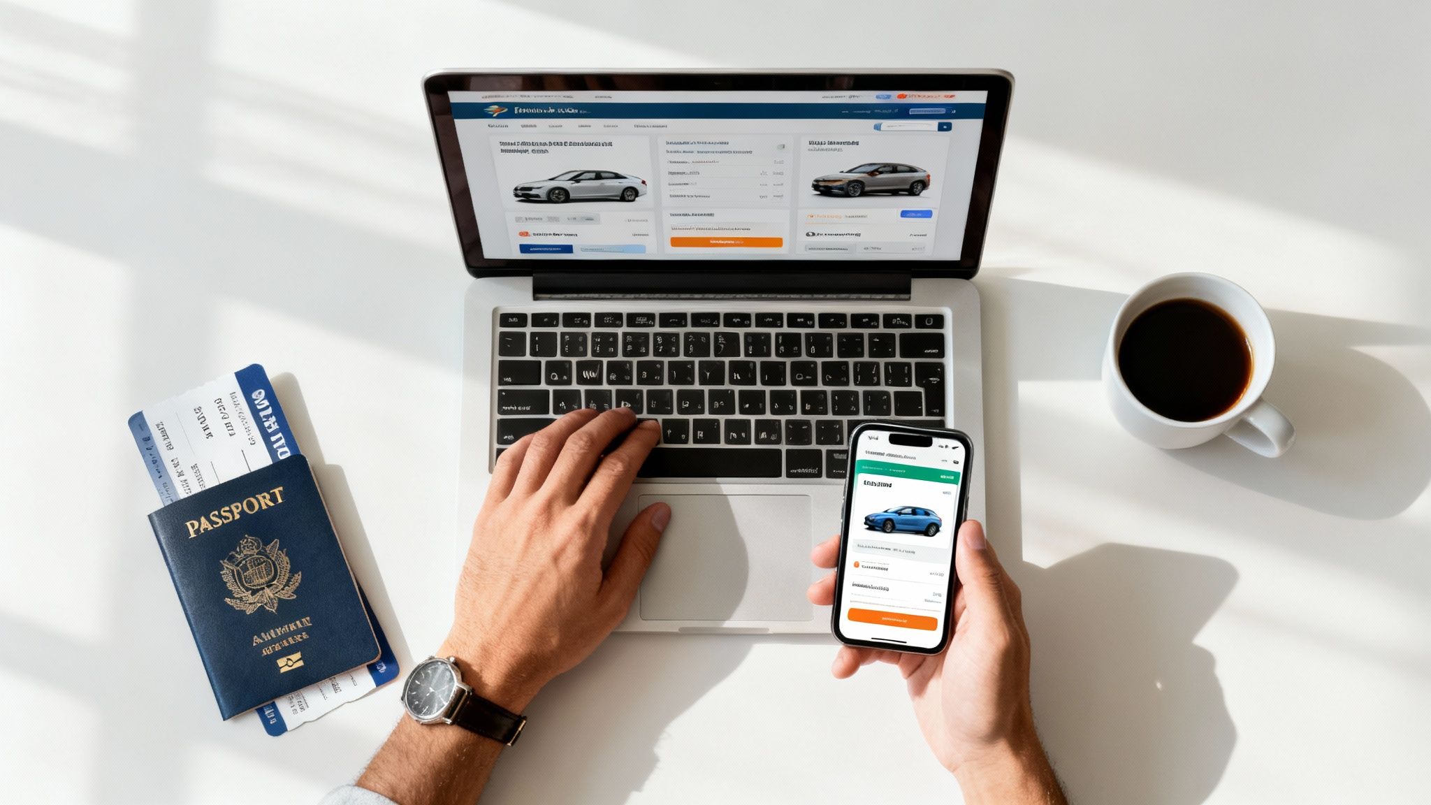 Une personne planifie un voyage, louant une voiture via un ordinateur portable et un smartphone, avec un passeport et une carte d'embarquement.